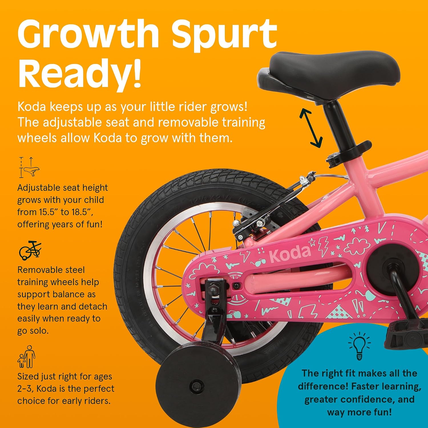 Retrospec Koda Plus Kids Bike for Boys & Girls Ages 2-3 Years - Children's Bicycle, Adjustable Seat & Handlebars, Removable Training Wheels, Front Hand Brakes, Rear Coaster Brake & Safety Bell