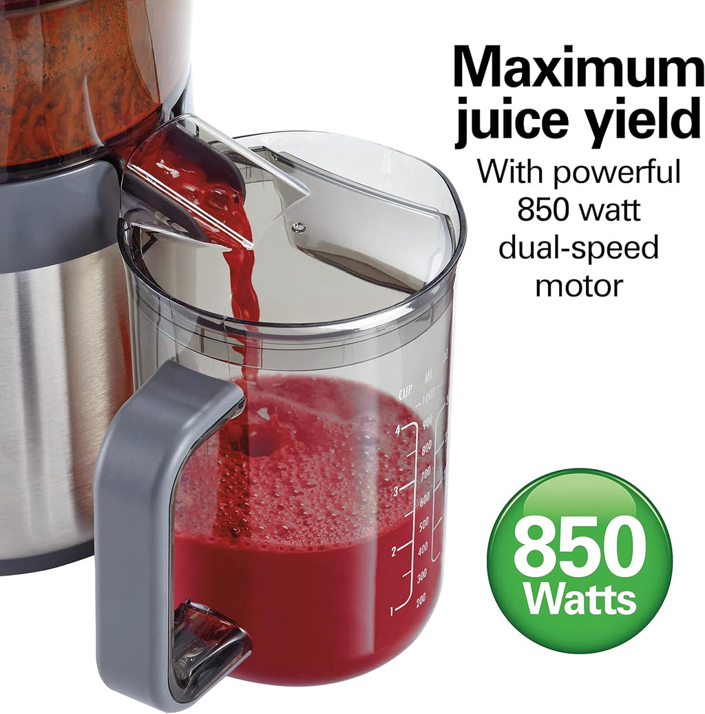 Hamilton Beach Juicer Machine, Centrifugal Extractor, Big Mouth 3' Feed Chute, Easy Clean, 2-Speeds, 40 oz. BPA Free Pitcher, 850 Watt Motor, Silver (67850)