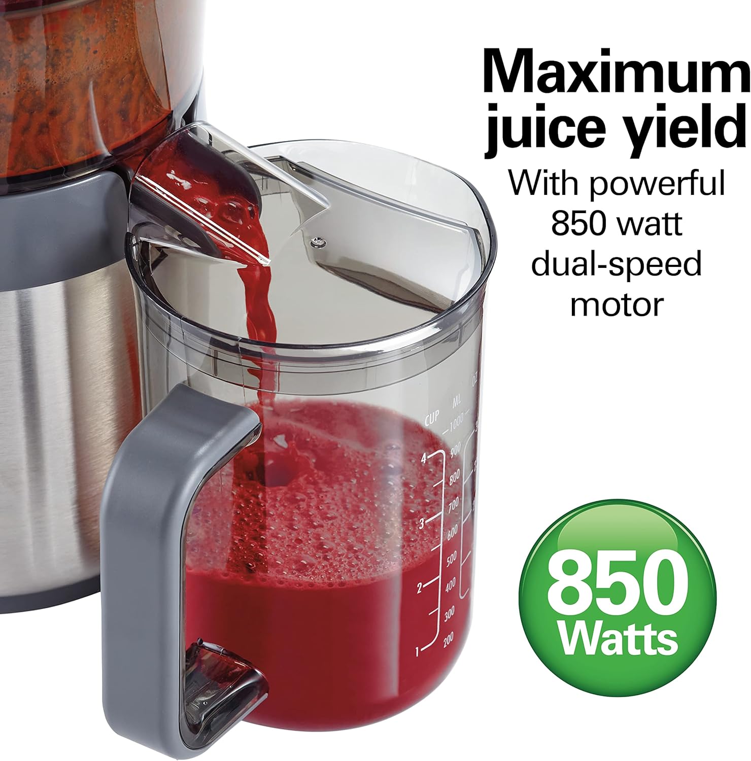 Hamilton Beach Juicer Machine, Centrifugal Extractor, Big Mouth 3' Feed Chute, Easy Clean, 2-Speeds, 40 oz. BPA Free Pitcher, 850 Watt Motor, Silver (67850)