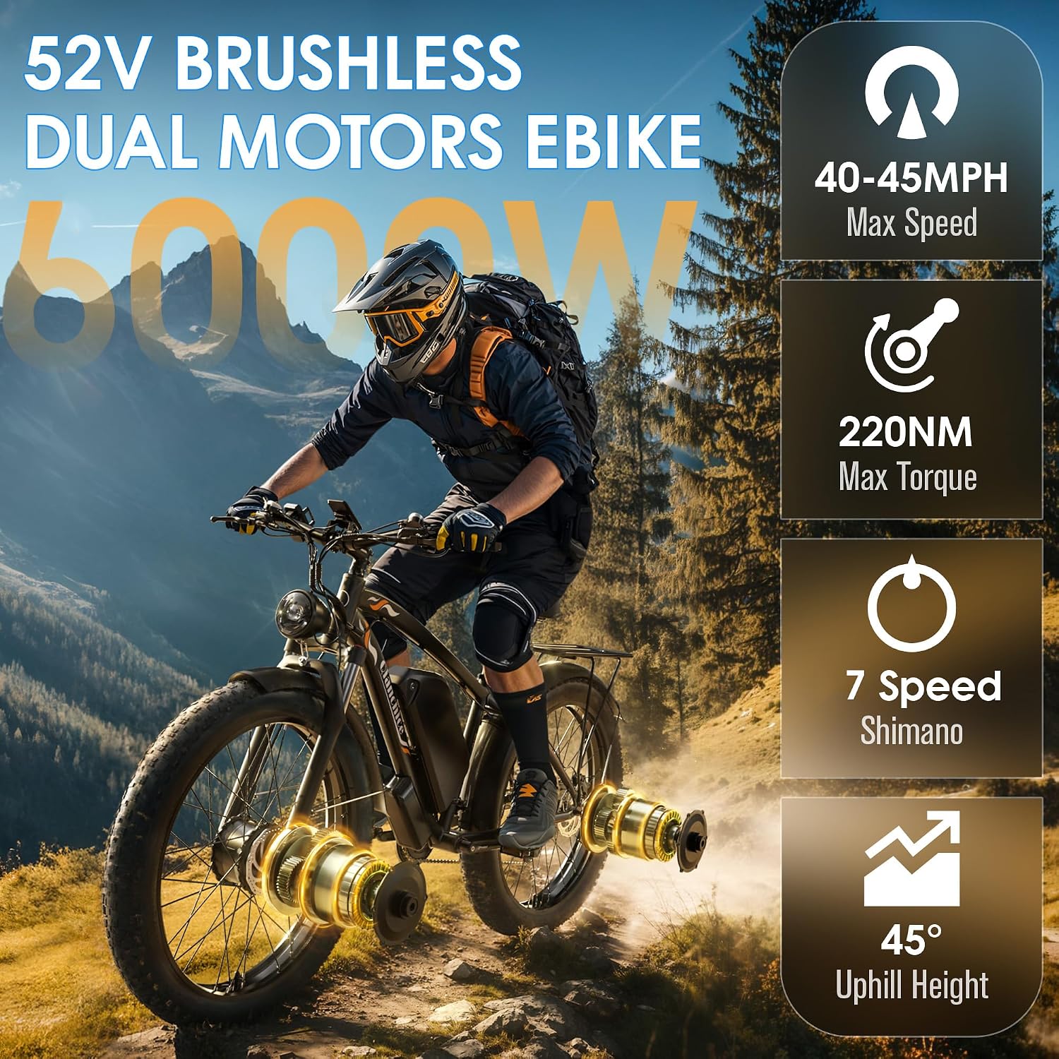 Dual Motor Electric Bike for Adults-6000W Peak, 52V 34AH Battery, 40-45MPH 100 Miles Long Range Ebike, Fat Tire 24 Inch, 7-Speed Hydraulic Brake, Electric Bicycles for Mountain Commuter