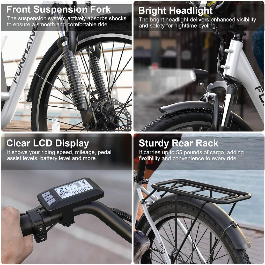 Funhang Electric Bike for Adults, 26' City Cruiser Ebike with 1000W Peak Motor, 20MPH 50 Miles Commuter Adult Electric Bicycles with 48V Battery, Adjustable Stem, 7-Speed, UL 2849 Certified