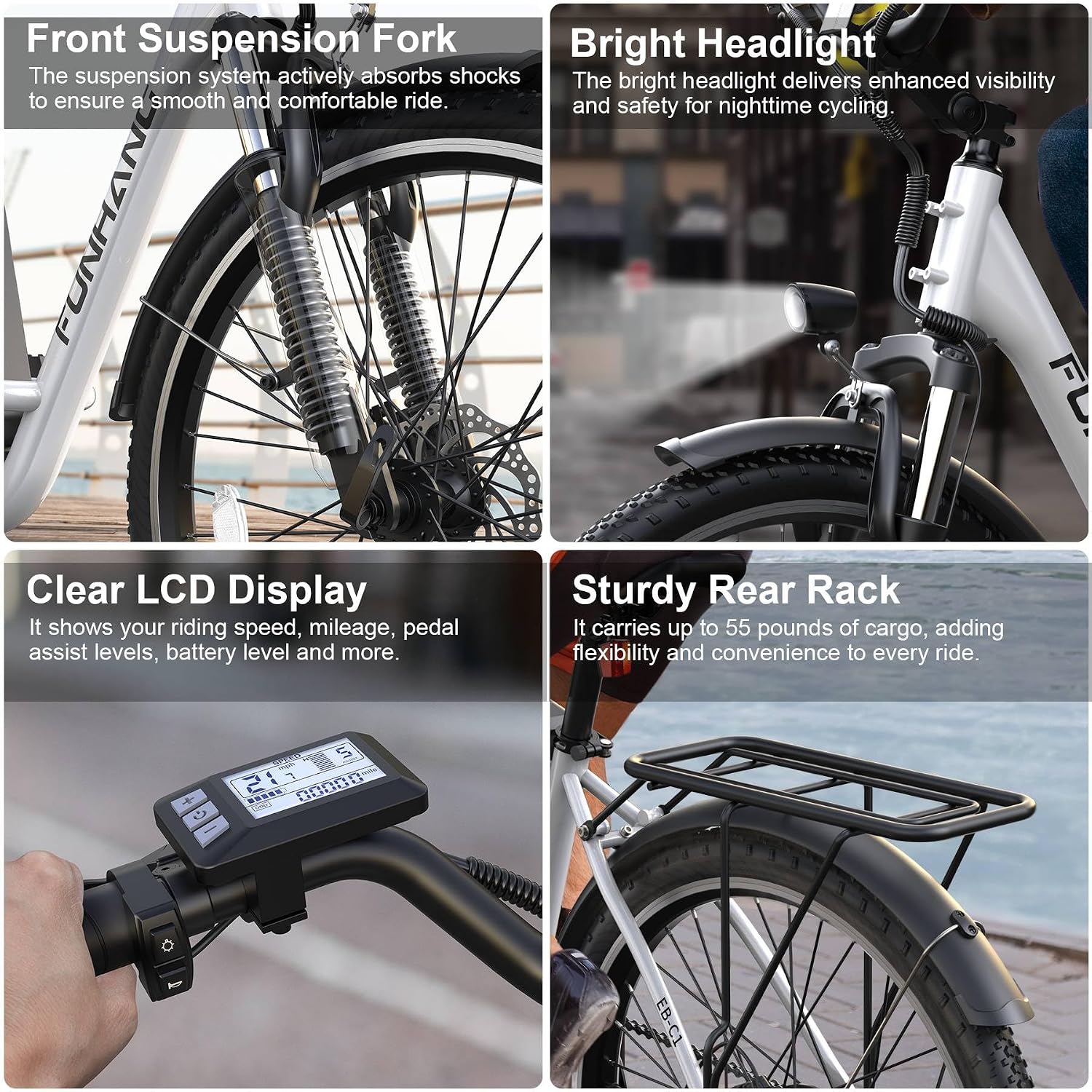 Funhang Electric Bike for Adults, 26' City Cruiser Ebike with 1000W Peak Motor, 20MPH 50 Miles Commuter Adult Electric Bicycles with 48V Battery, Adjustable Stem, 7-Speed, UL 2849 Certified