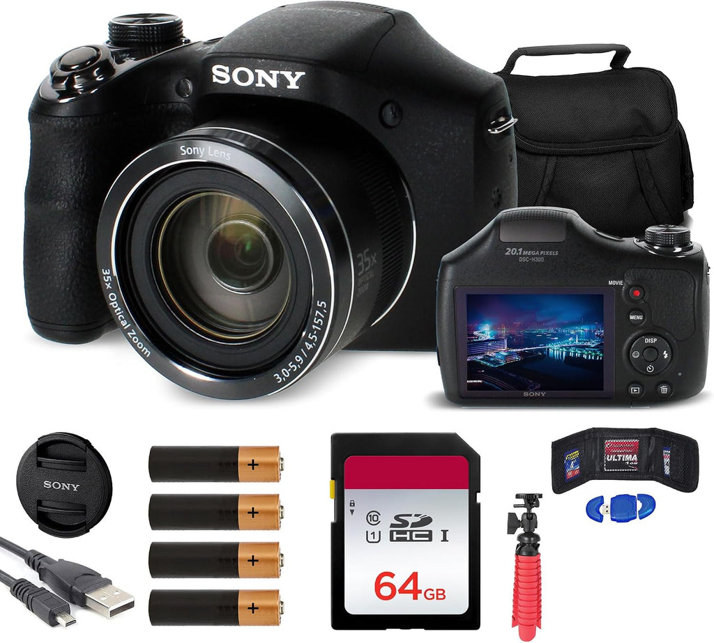 Sony Cyber-Shot DSC-H300 Digital Camera (Black) (DSCH300/B) + 64GB Memory Card + Card Reader + Case + Flex Tripod + Memory Wallet + Cleaning Kit (Renewed)