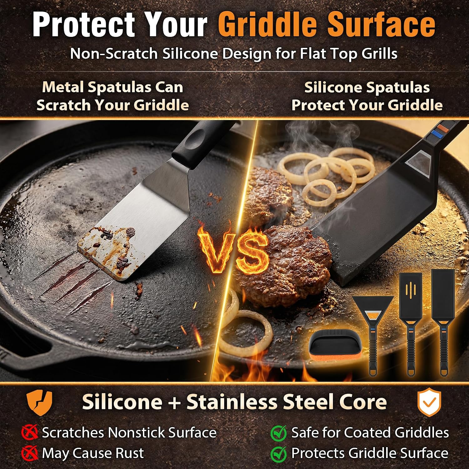 Utheer Griddle Kit, 25' x 16' Nano-Ceramic Nonstick Flat Top Griddle with 5-Piece Scratch-Free Silicone Tools, Universal Grill Griddle for Gas & Charcoal Grills, BBQ, Camping and Parties
