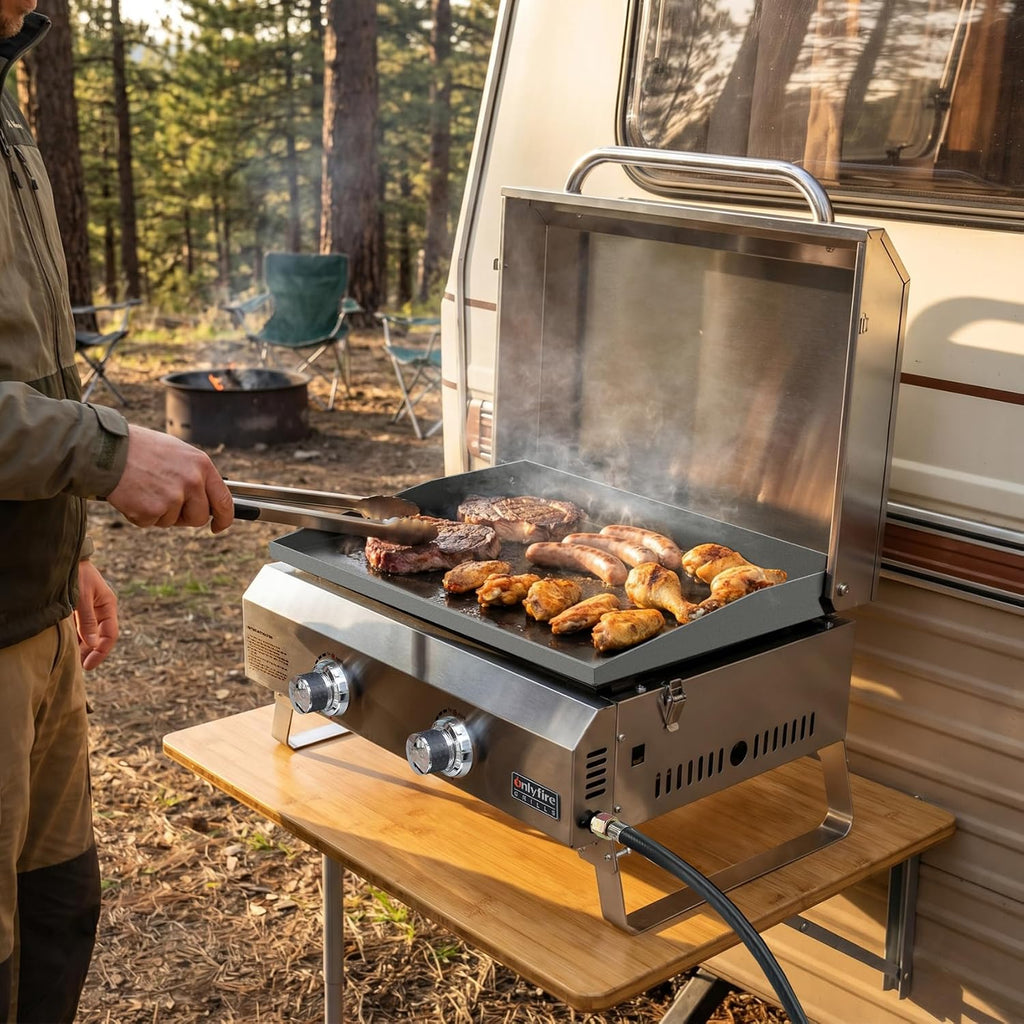 ONLYFIRE GRILLS Tabletop Gas Griddle with Foldable Legs, 2-Burner BBQ Propane Flat Top Griddle, Portable Gas Stove for Outdoor Cooking Patio Party Camping Tailgating RV, Stainless Steel, GS318