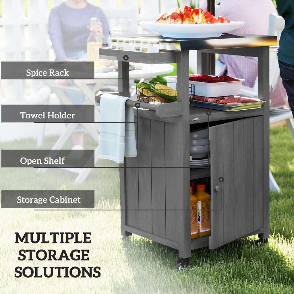 Outsunny Outdoor Grill Cart with Wheels, Stainless Steel Top, Solid Wood Outdoor Kitchen Island with Storage Cabinet, Integrated Hole, Movable Bar Cart with Spice Rack, Side Handle for BBQ, Dark Gray
