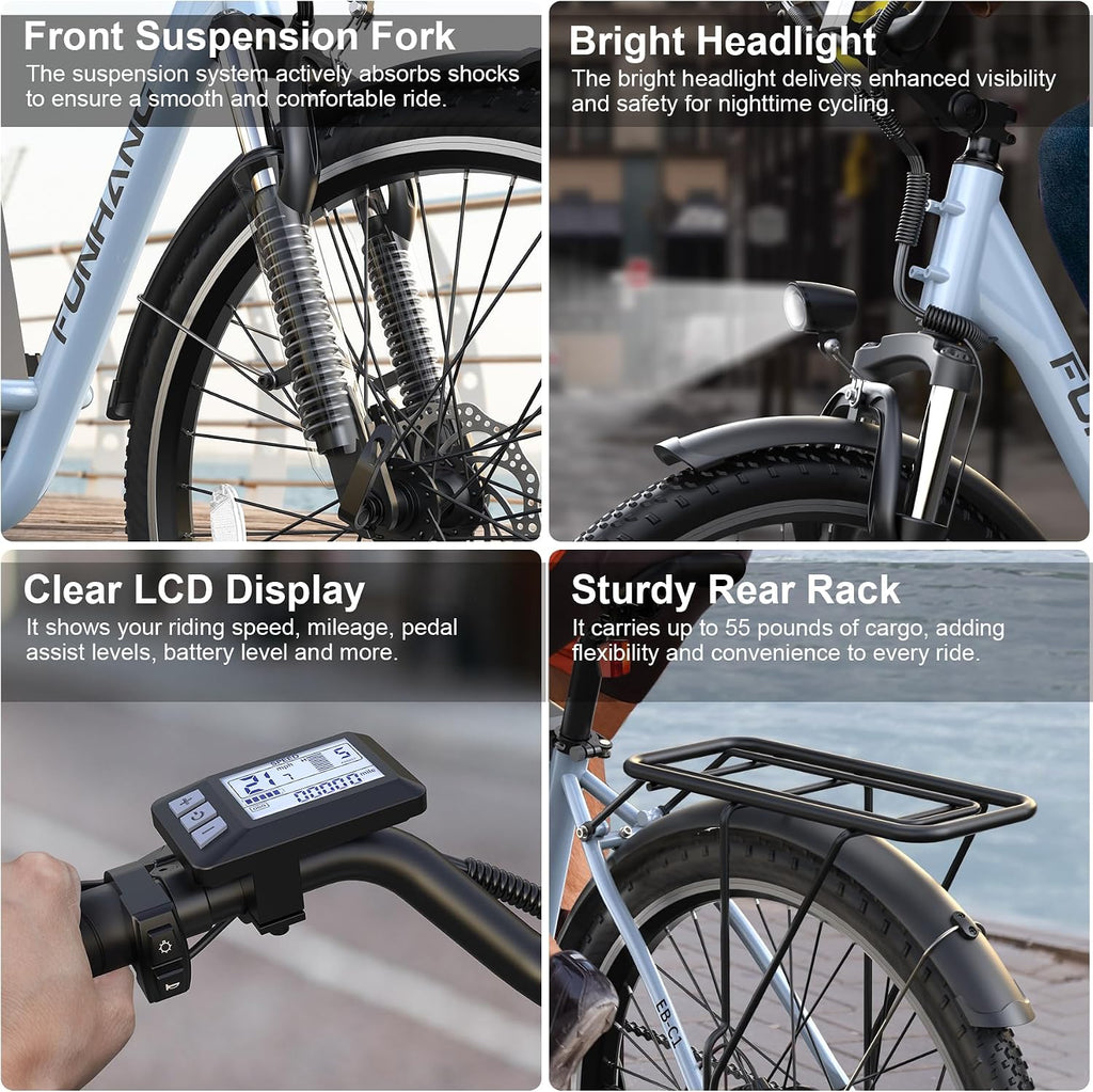 Funhang Electric Bike for Adults, 26' City Cruiser Ebike with 1000W Peak Motor, 20MPH 50 Miles Commuter Adult Electric Bicycles with 48V Battery, Adjustable Stem, 7-Speed, UL 2849 Certified
