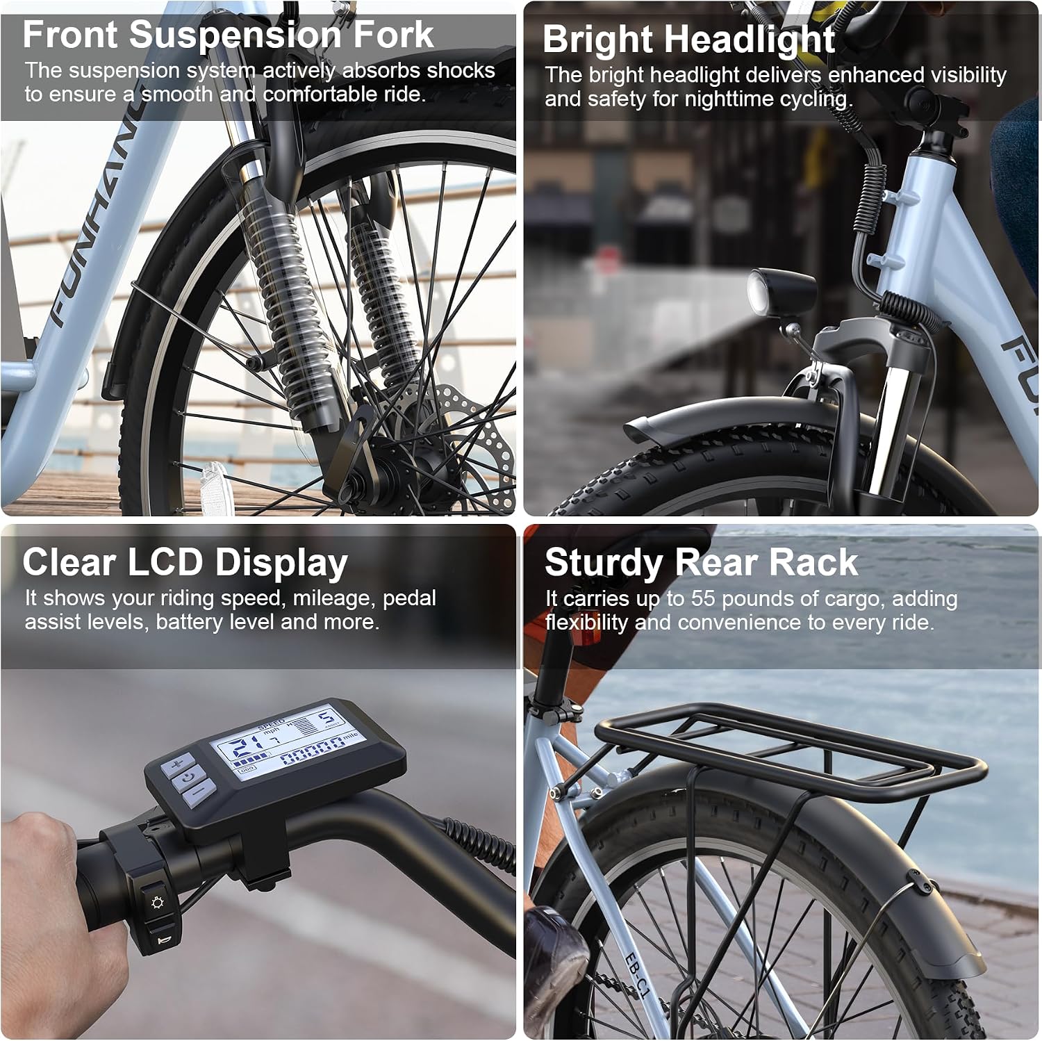 Funhang Electric Bike for Adults, 26' City Cruiser Ebike with 1000W Peak Motor, 20MPH 50 Miles Commuter Adult Electric Bicycles with 48V Battery, Adjustable Stem, 7-Speed, UL 2849 Certified