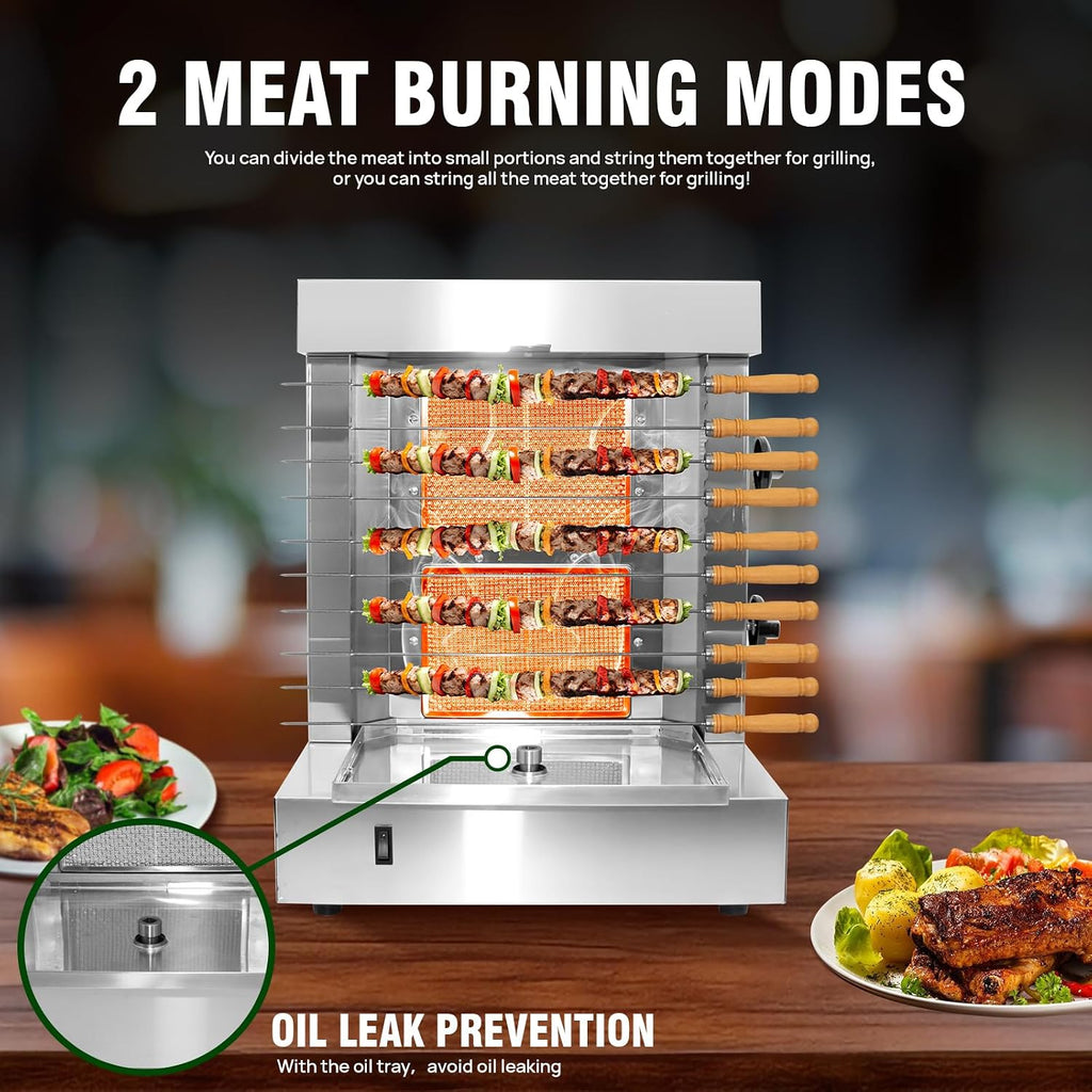 Innovative 2-Burner Shawarma Grill Machine - Professional Rotisserie for Kebabs, Gyros, & Tacos Al Pastor - Includes 10 Premium Stainless Steel Skewers