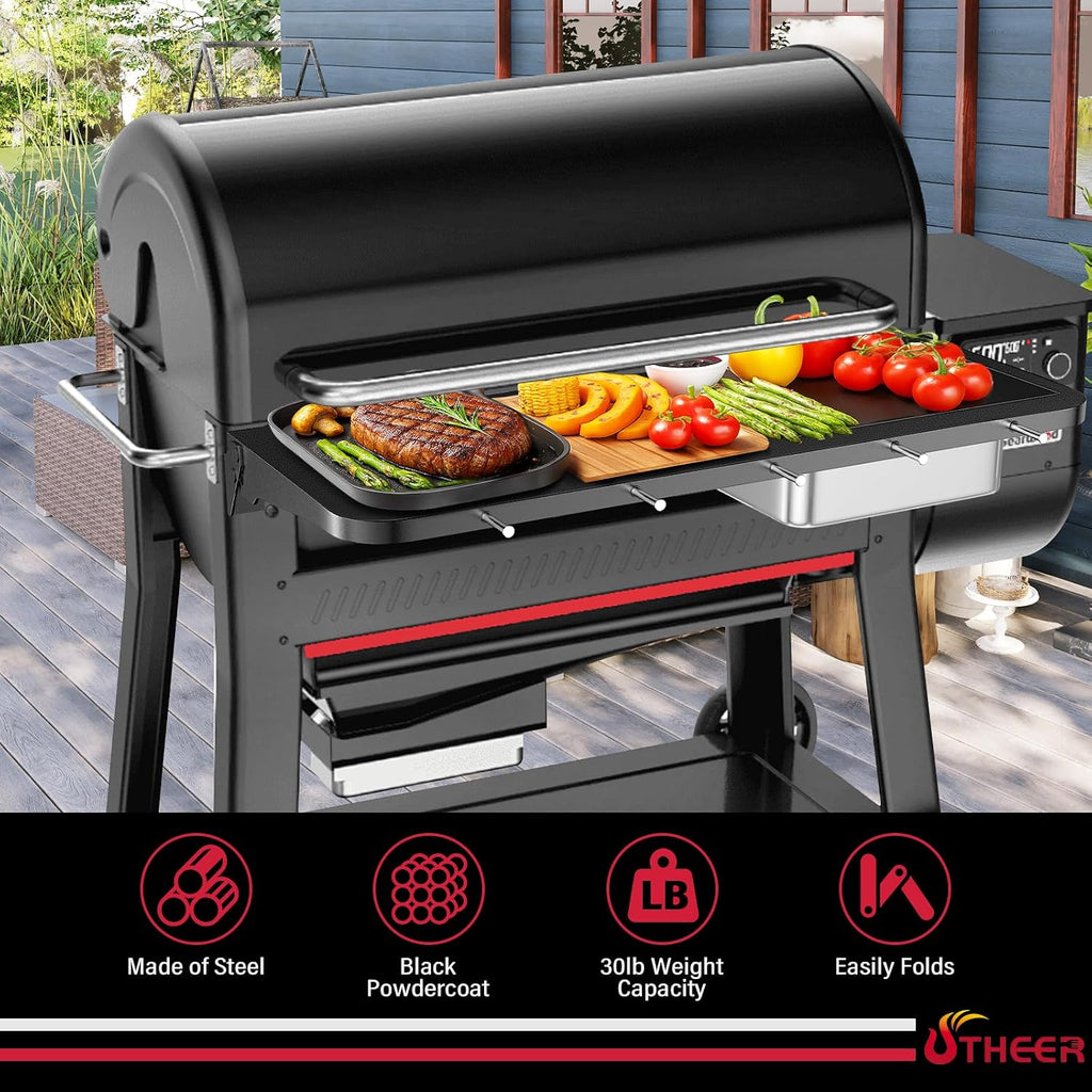 Utheer Front Folding Grill Table for Weber Searwood XL 600 – 35' x 12.5' Large Front Shelf with Stainless Steel Basin, Works Cutting Board, Lid & 5 Hooks, Heavy-Duty Weber Searwood XL 600 Accessories