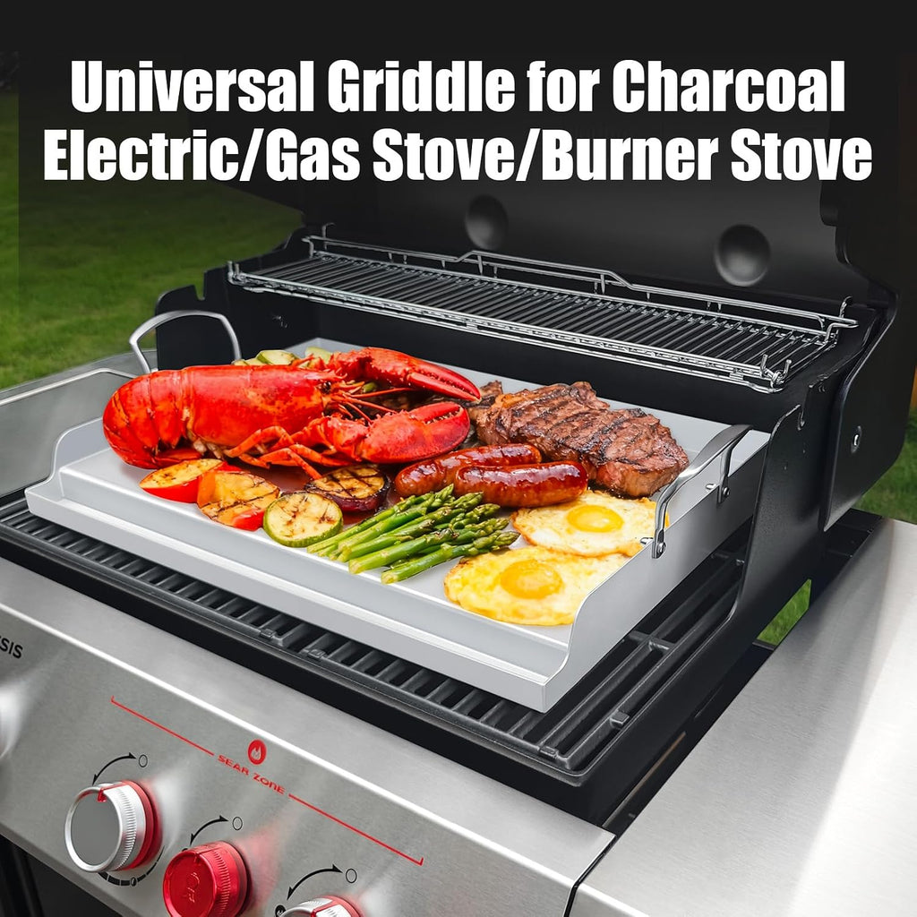 Universal Stainless Steel Cooking Griddle, Nonstick Flat Top Plate Insert for Gas Top Stove and Charcoal Grills, Tailgating, Camping and Parties, 23' x 16' Plancha Para Cocinar