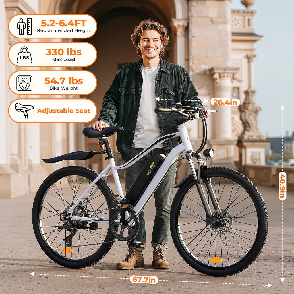 Electric Bike, 1000W Peak Powerful Motor, 65+ Miles Range & 20MPH Top Speed, 26'' Tires E-Bike, Adjustable Seat, Shock Absorber, Commuting Electric Bike for Adults