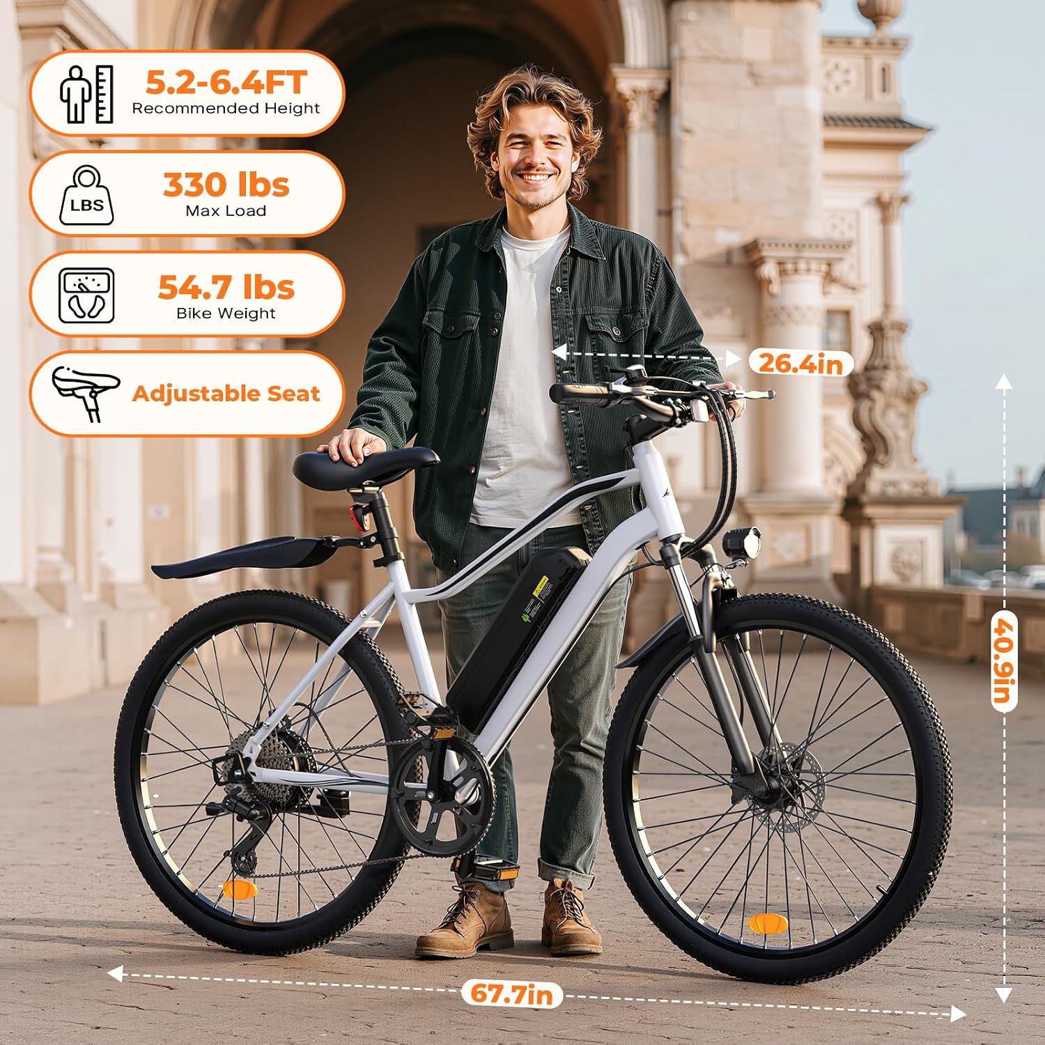 Electric Bike, 1000W Peak Powerful Motor, 65+ Miles Range & 20MPH Top Speed, 26'' Tires E-Bike, Adjustable Seat, Shock Absorber, Commuting Electric Bike for Adults