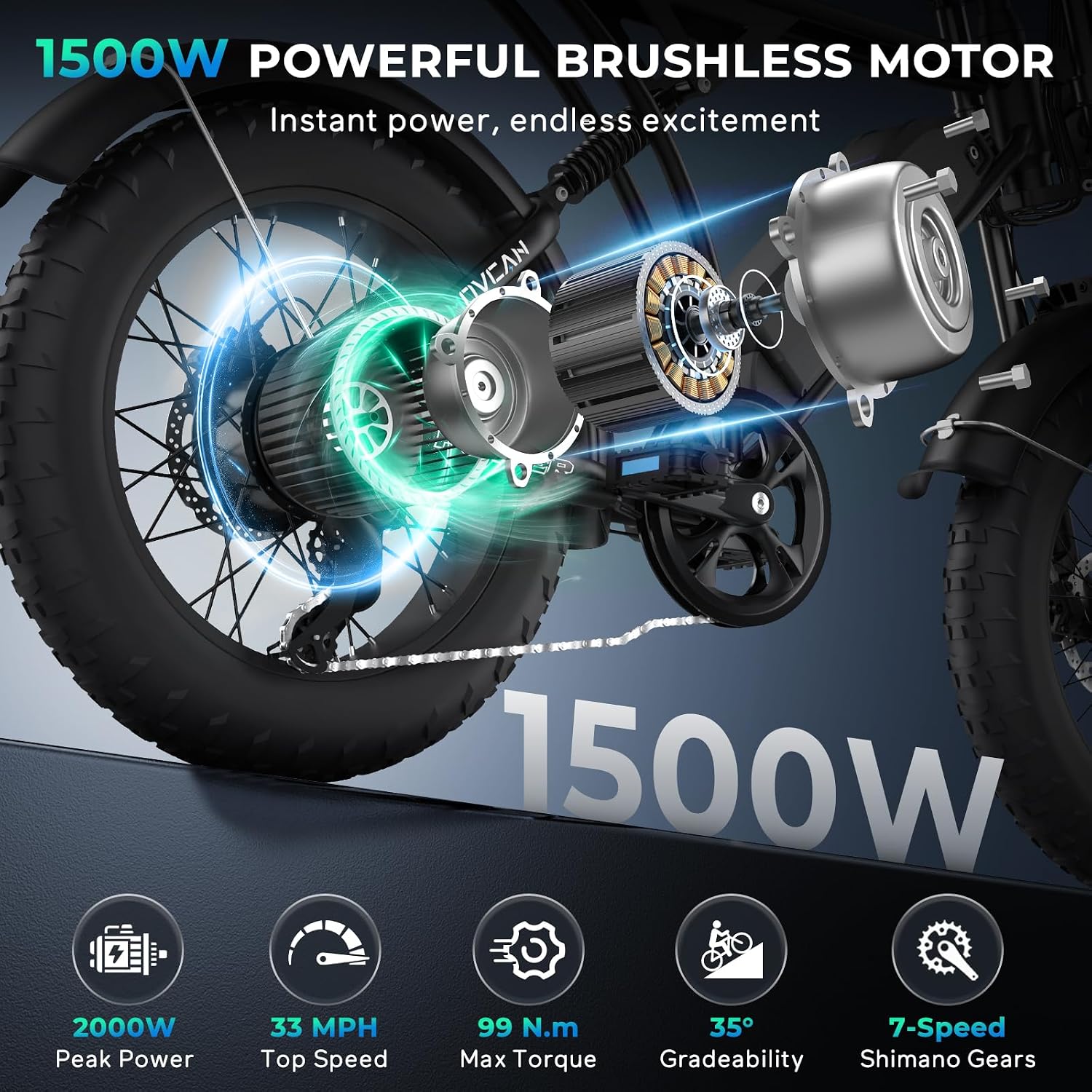 Movcan V60/V60 Pro Electric Bike, 48V 15.6/18.2Ah Removable Battery 20' Fat Tire Electric Bike, 1000/1500W Motor 30/33MPH Top Speed Electric Motorcycle, for Commute/Offroad/School/Rain/Snow Riding.