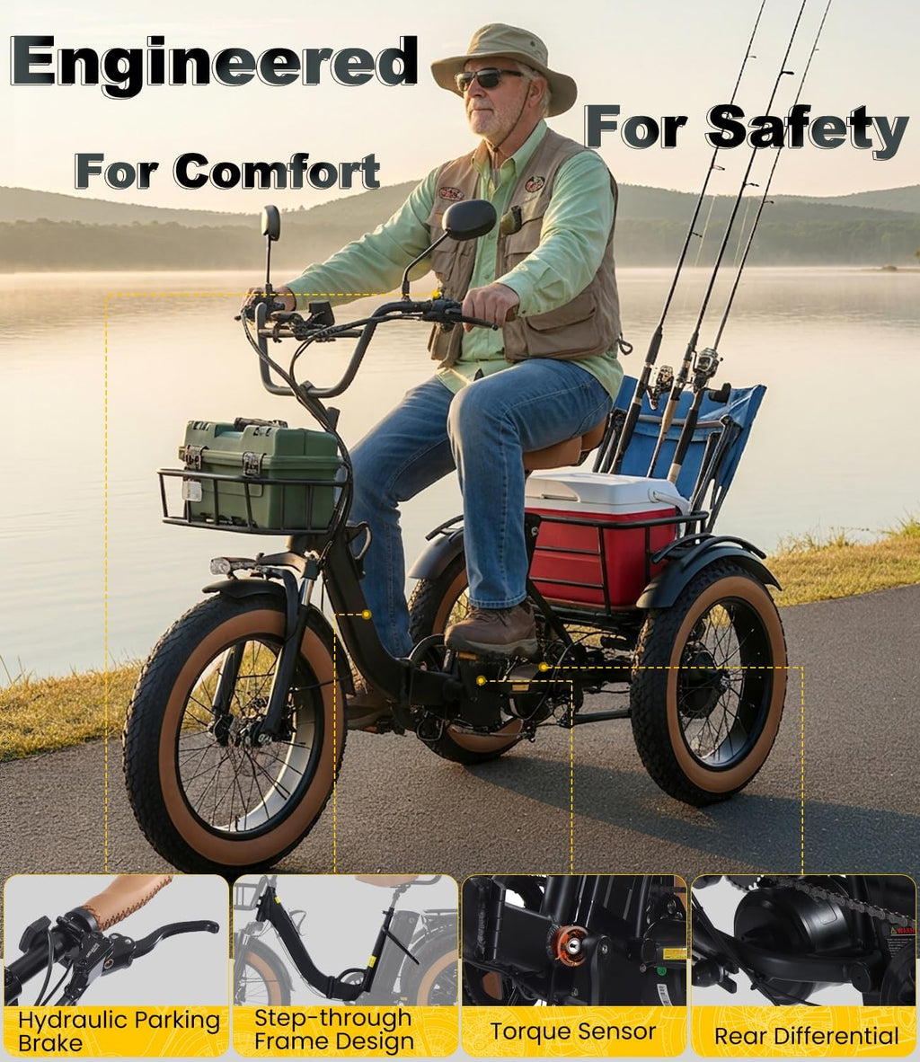 KAKIGO Electric Tricycle for Adults,Peak 1350W Motor Etrike,48V15.6Ah Ebike,20'x4'Fat Tire Aluminum Folding Electric Trike,3-Wheel Electric Bike,20MPH,Front&Rear Basket&Differential
