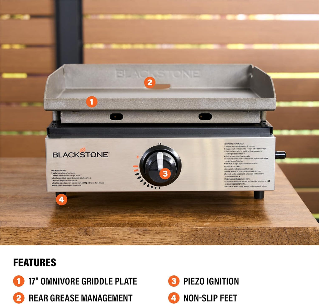 Blackstone 1971 Original 17' Tabletop Griddle with Stainless Steel Front Plate, Powder Coated Steel, Black