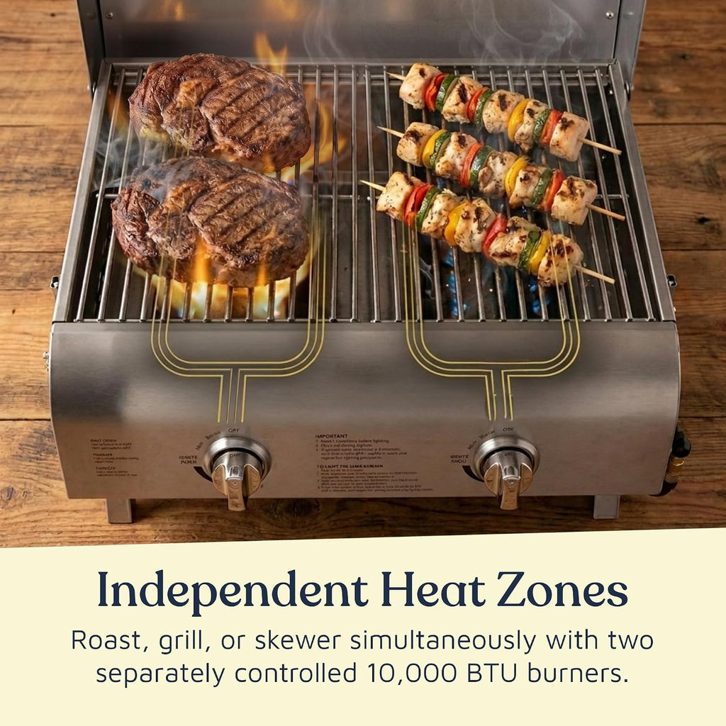 Lifemaster Portable Stainless Steel Gas Grill - 2 Burners Easy Clean Tabletop BBQ Propane Gas Grill with Foldable Legs and Wind Proof Lid for Camping and Outdoor - Silver
