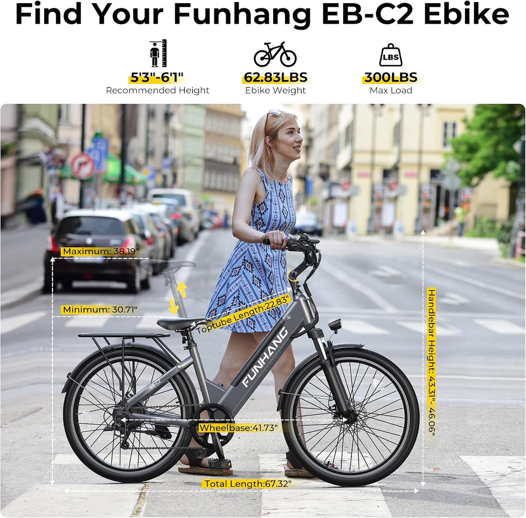 Funhang Electric Bike for Adults, 1000W Peak Ebike, 50Miles 20MPH Step Thru Electric Bicycle, 26' Commuter E Bikes with 48V Built-in Removable Battery, Adjustable Stem, 7-Speed, UL 2849 Certified