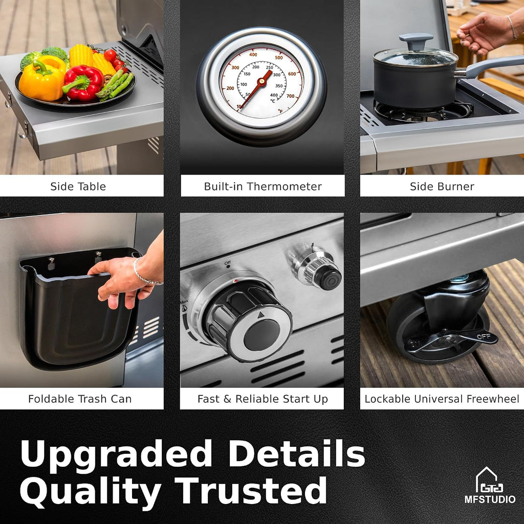 MFSTUDIO 6 Burner BBQ Propane Gas Grill with Side Burner & Porcelain-Enameled Cast Iron Grates, Grill Griddle Combo for Outdoor Barbecue, 740 SQ.IN. Large Cooking Area
