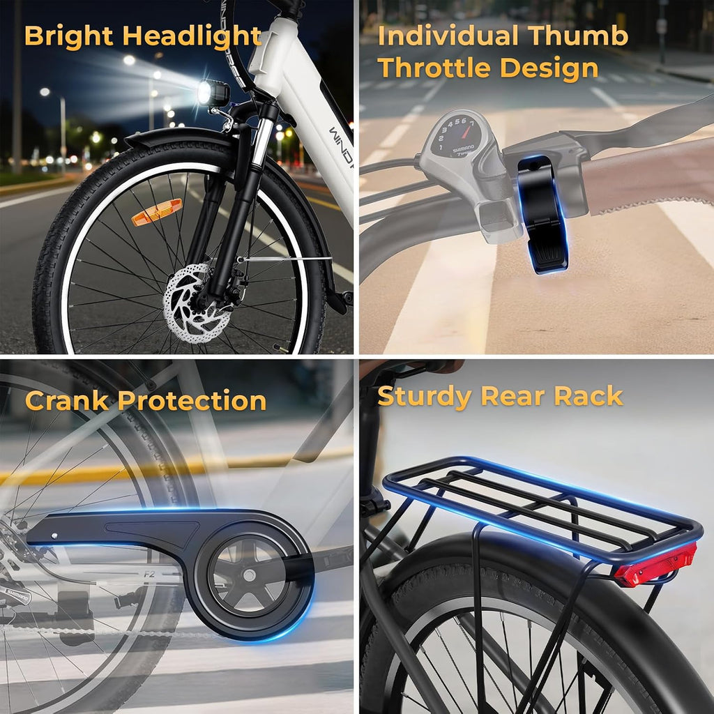 WINDHORSE 26' Electric Bike for Adults 20MPH & 30-50 Miles Range, Shimano 7-Speed, 468WH Removable Battery Commuter Ebike with 750W Peak Motor, Front Suspension, Rear Rack, Fenders, UL2849 Certified