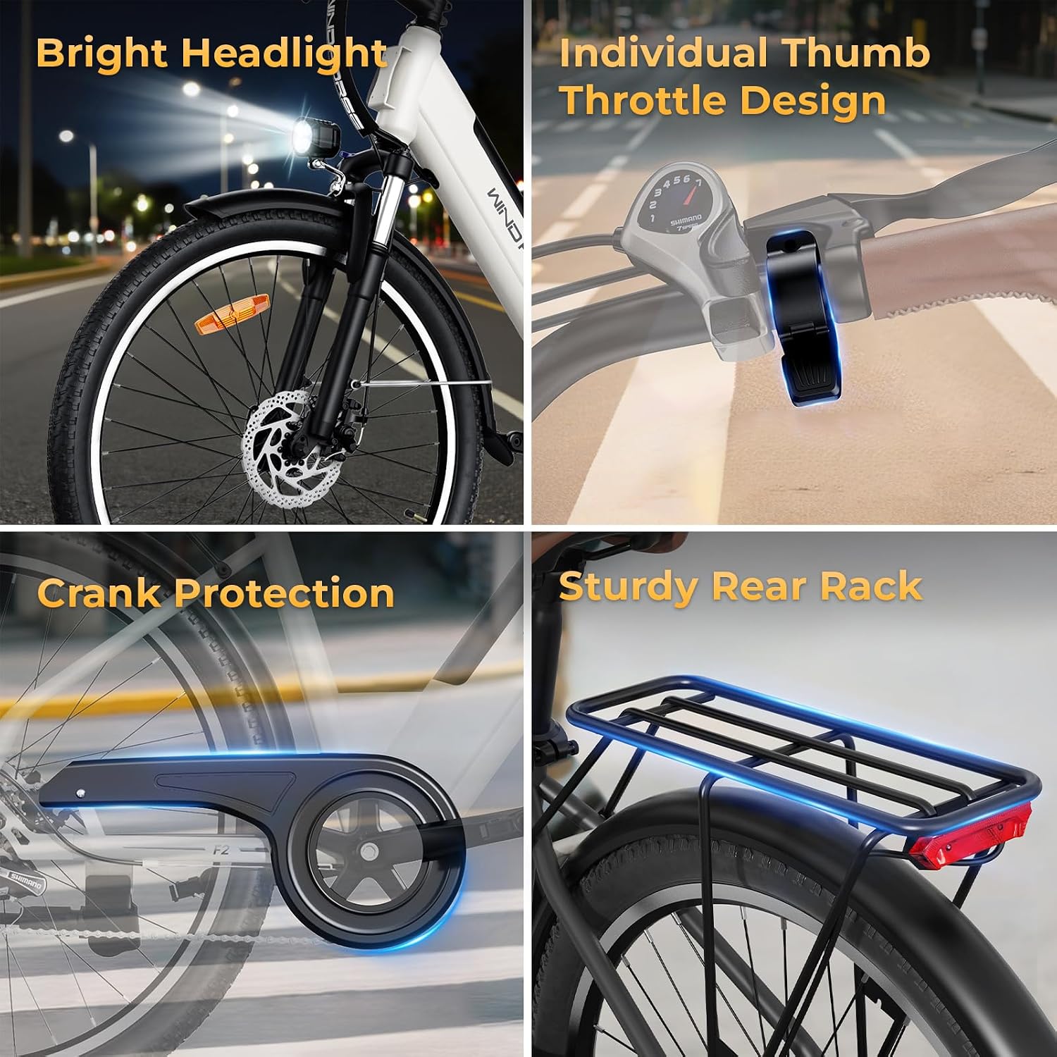 WINDHORSE 26' Electric Bike for Adults 20MPH & 30-50 Miles Range, Shimano 7-Speed, 468WH Removable Battery Commuter Ebike with 750W Peak Motor, Front Suspension, Rear Rack, Fenders, UL2849 Certified
