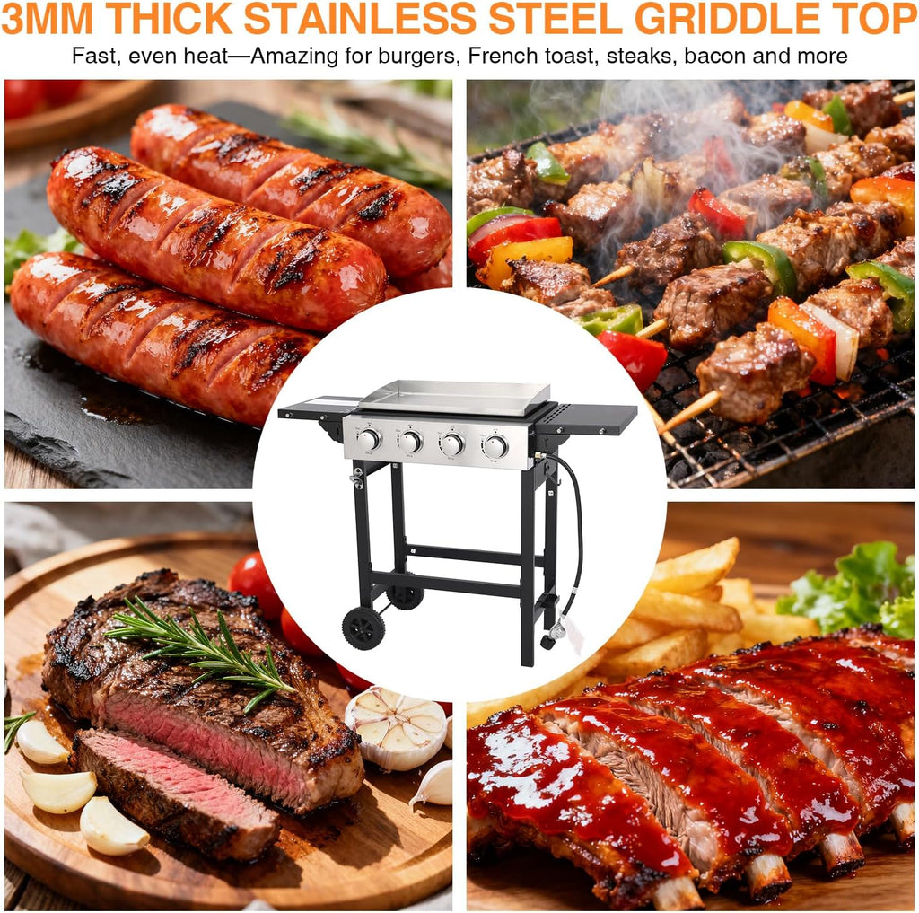 Propane Gas Griddle 4-Burner, Flat Top Grill Griddle, Outdoor Gas Stove with Foldable Side Tables, Wheels - 40,000 BTUs Output, 291 sq.in Cooking Area, for Patio Barbecue, Backyard, BBQ