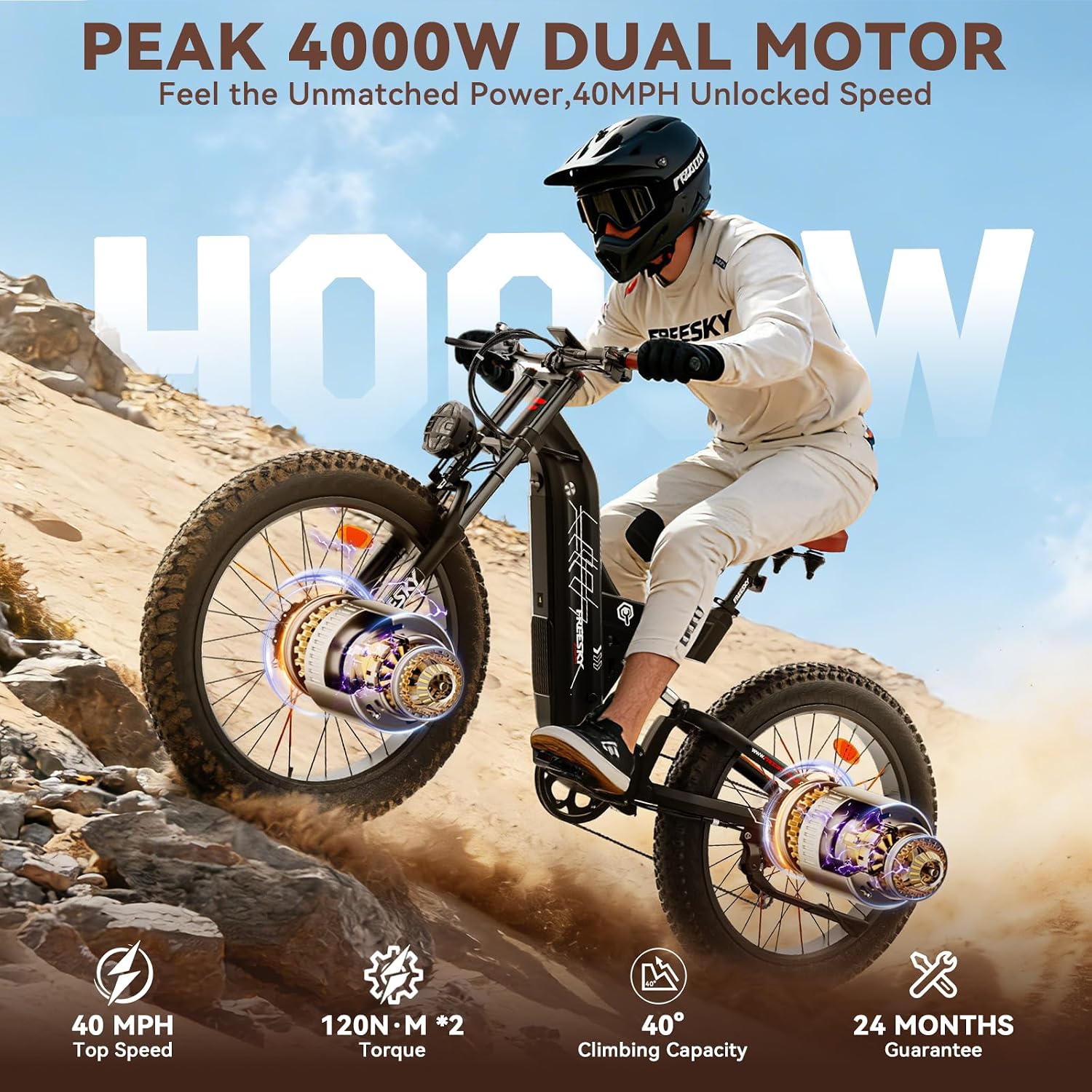 FREESKY 4000W Dual Motor Electric Bike for Adults, 48V 30AH Samsung Cells Battery 120Miles Range, 40MPH AWD Fast E-Bike, 26' Fat Tire Full Suspension Electric Mountain Bike, UL2849 Certified by TÜV