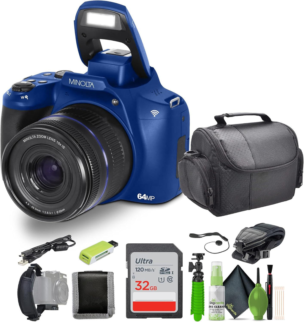 Minolta 64 Mega Pixels Auto Focus Digital Camera with 10x Optical Zoom, 4K Ultra HD Video and Macro Shooting, Bundle with 32 GB Memory Card + Vlogging Tripod + Cleaning kit + More Accessories (Blue)