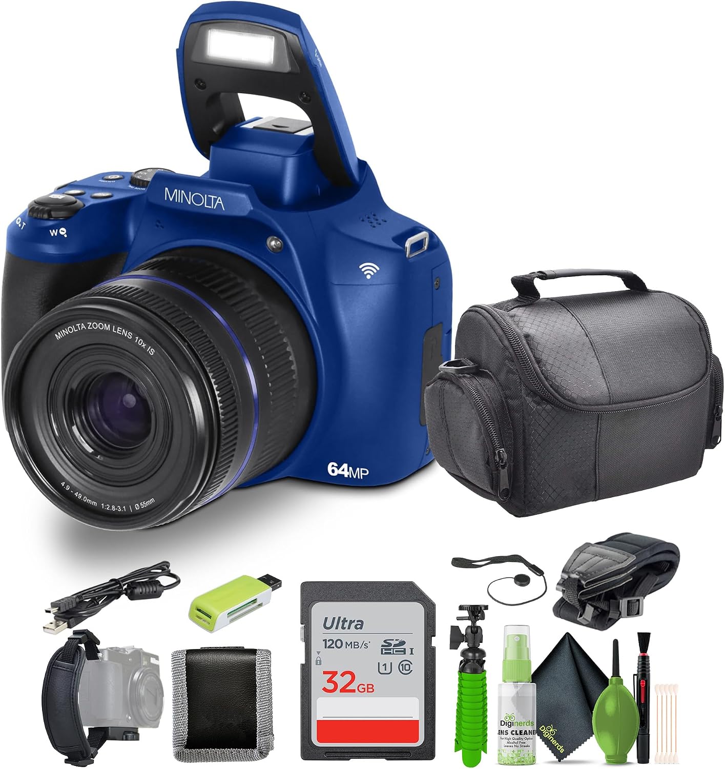 Minolta 64 Mega Pixels Auto Focus Digital Camera with 10x Optical Zoom, 4K Ultra HD Video and Macro Shooting, Bundle with 32 GB Memory Card + Vlogging Tripod + Cleaning kit + More Accessories (Blue)