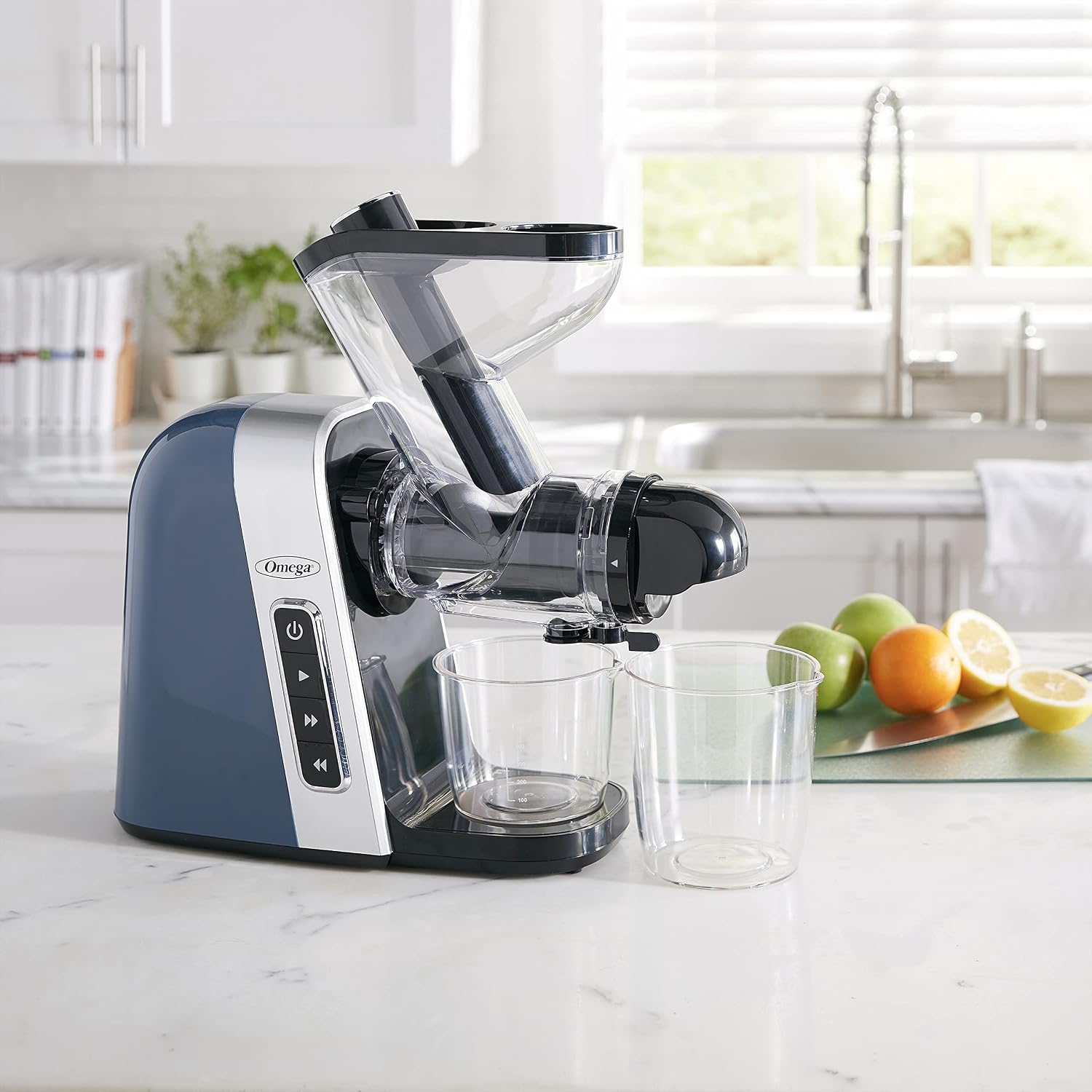 Omega Cold Press Juicer Machine, Vegetable and Fruit Juice Extractor, BPA Free, Slow Masticating High Juice Yield with Wide Mouth Chute, 200-Watt, Blue
