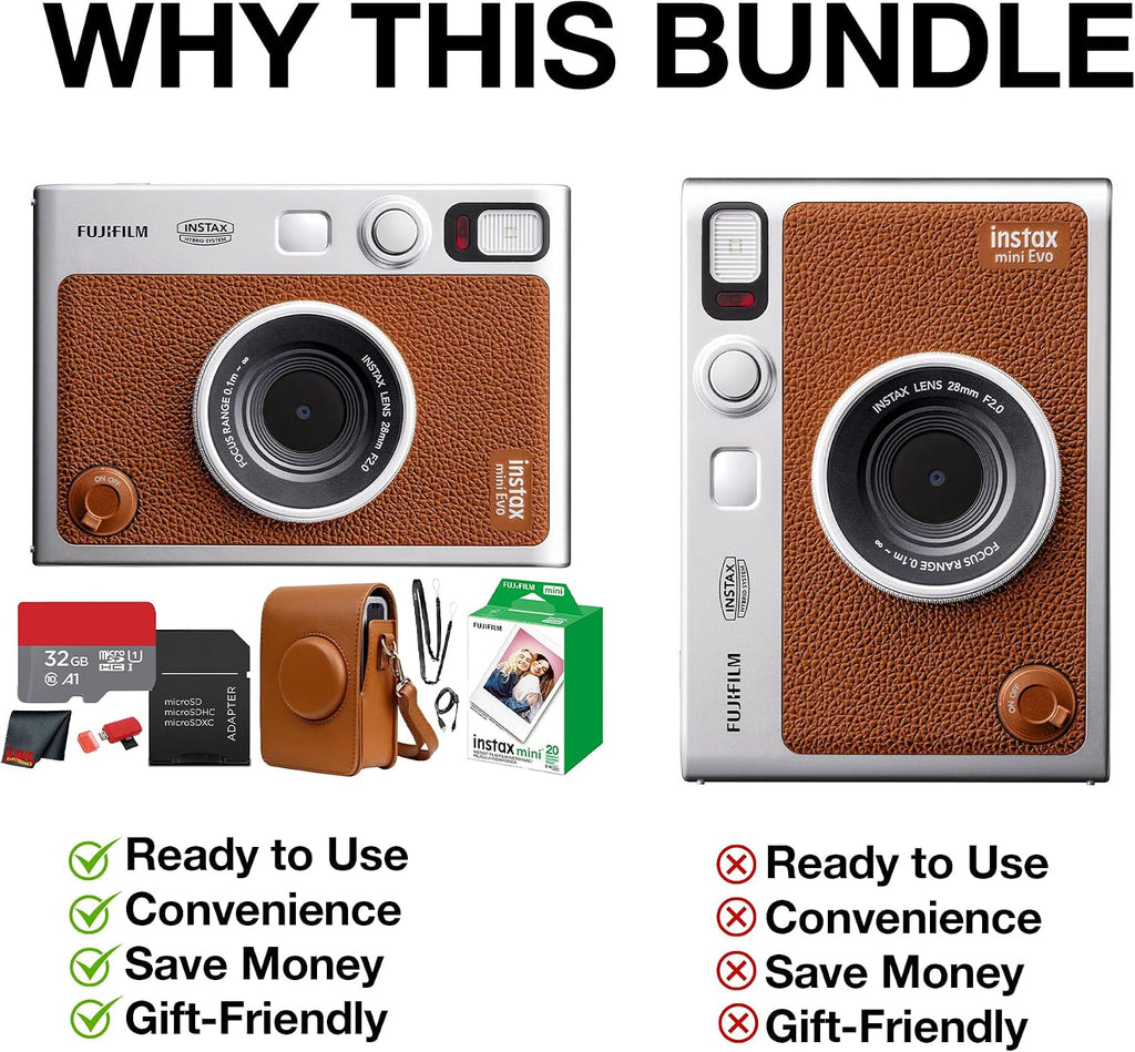 Fujifilm Instax Mini EVO Hybrid Instant Camera (Brown) Bundle with Instax-Mini Twin Pack Instant-Film 20 Sheets + 32GB Memory Card + Vintage Brown Mini-Evo Camera Case + Cleaning Cloth