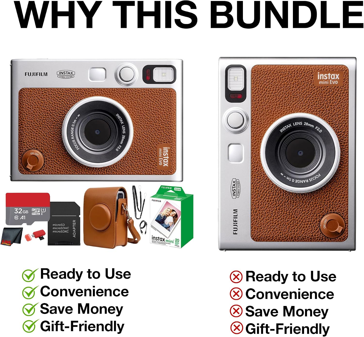 Fujifilm Instax Mini EVO Hybrid Instant Camera (Brown) Bundle with Instax-Mini Twin Pack Instant-Film 20 Sheets + 32GB Memory Card + Vintage Brown Mini-Evo Camera Case + Cleaning Cloth