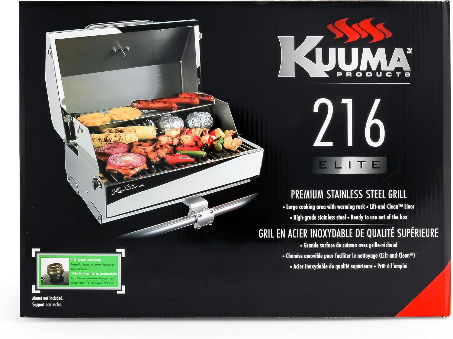Camco Kuuma Stow N'Go 216 Elite Propane Grill | Features Built-In Thermometer & Push-Button Igniter | Includes Fold Away Legs & Removable Warming Rack | Use as Camping Stove and More (58155)