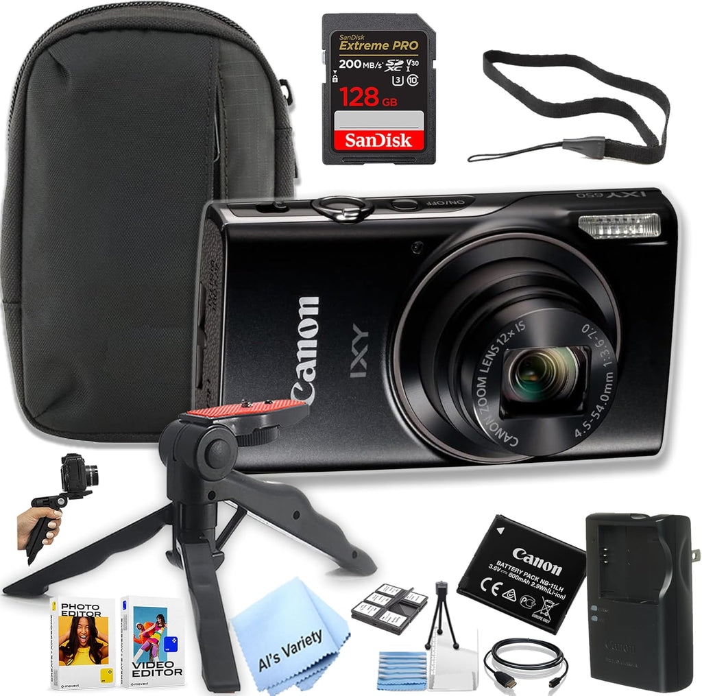 Canon PowerShot IXY 650 (ELPH 360) HS Digital Camera + 128GB Extreme PRO Memory + Case, Grip, Software Pack (Essential Bundle) (Renewed), Black