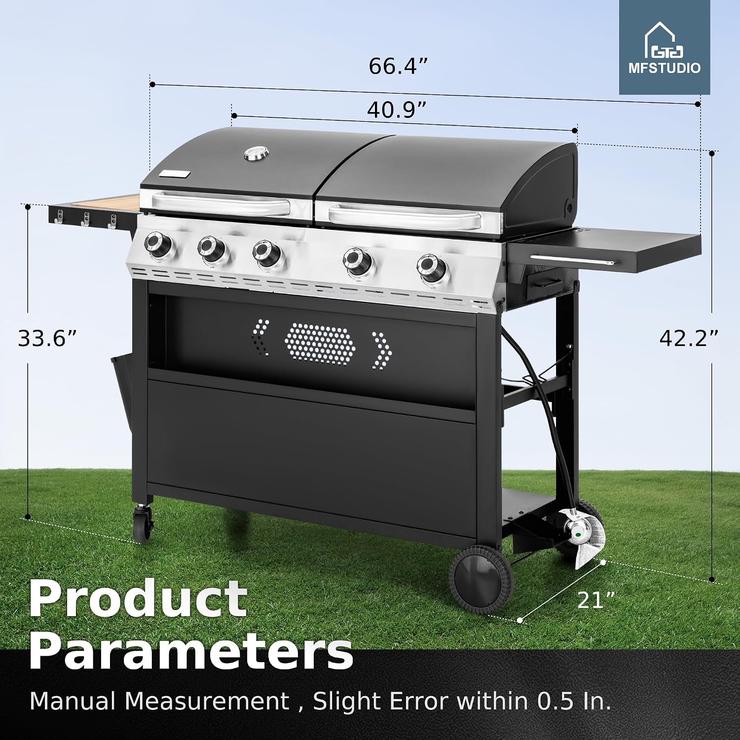MFSTUDIO 5 Burner Gas Grill Griddle Combo with Porcelain-Enameled Cast Iron Grates,Cutting Board and Double Lids, Duel-Function Propane BBQ Grills with Flat Top Grddle for Outdoor Barbecue Cooking