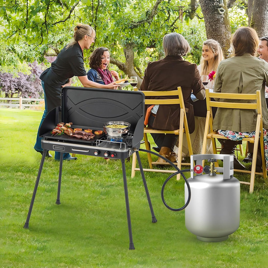 HAPPYGRILL Portable Camping Stove, 2-Burner Propane Grill Cooker with Removable Leg Stand, Roast Grill, Dual Control Knobs, Wind Guards, Outdoor Gas Grill for Camping BBQ Picnic (Black)