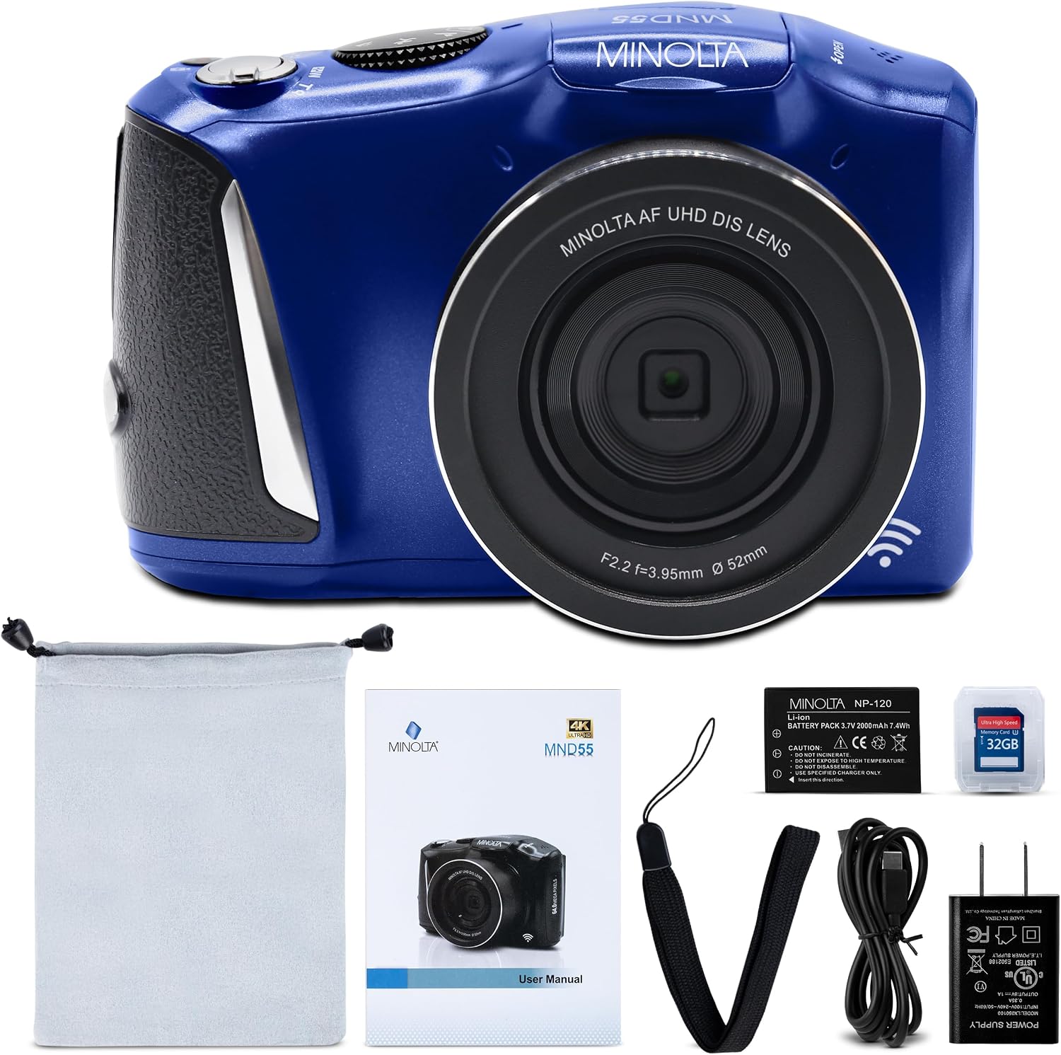 Minolta 64MP Digital Camera – 4K Ultra HD Video at 60FPS, 16x Digital Zoom, WiFi, CMOS Sensor, 3-inch LCD Display, Auto Exposure - Includes 32GB Memory Card, Rechargeable Battery (Blue)