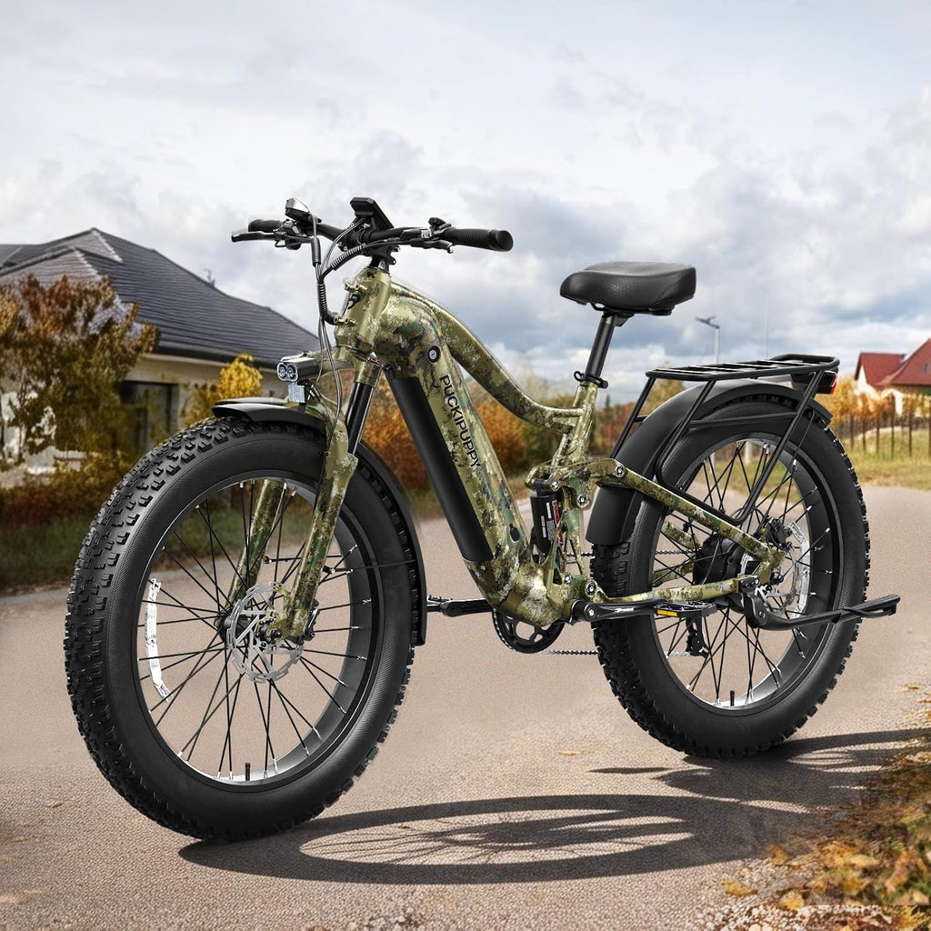 PUCKIPUPPY Boxer Electric Bike for Adults 960W, 48V 20AH Battery Ebike, Full Suspension 26' Fat Tire E Bike, 28MPH 80Miles Range Mountain Electric Bicycle, 7 Speed Hydraulic Disc Brakes