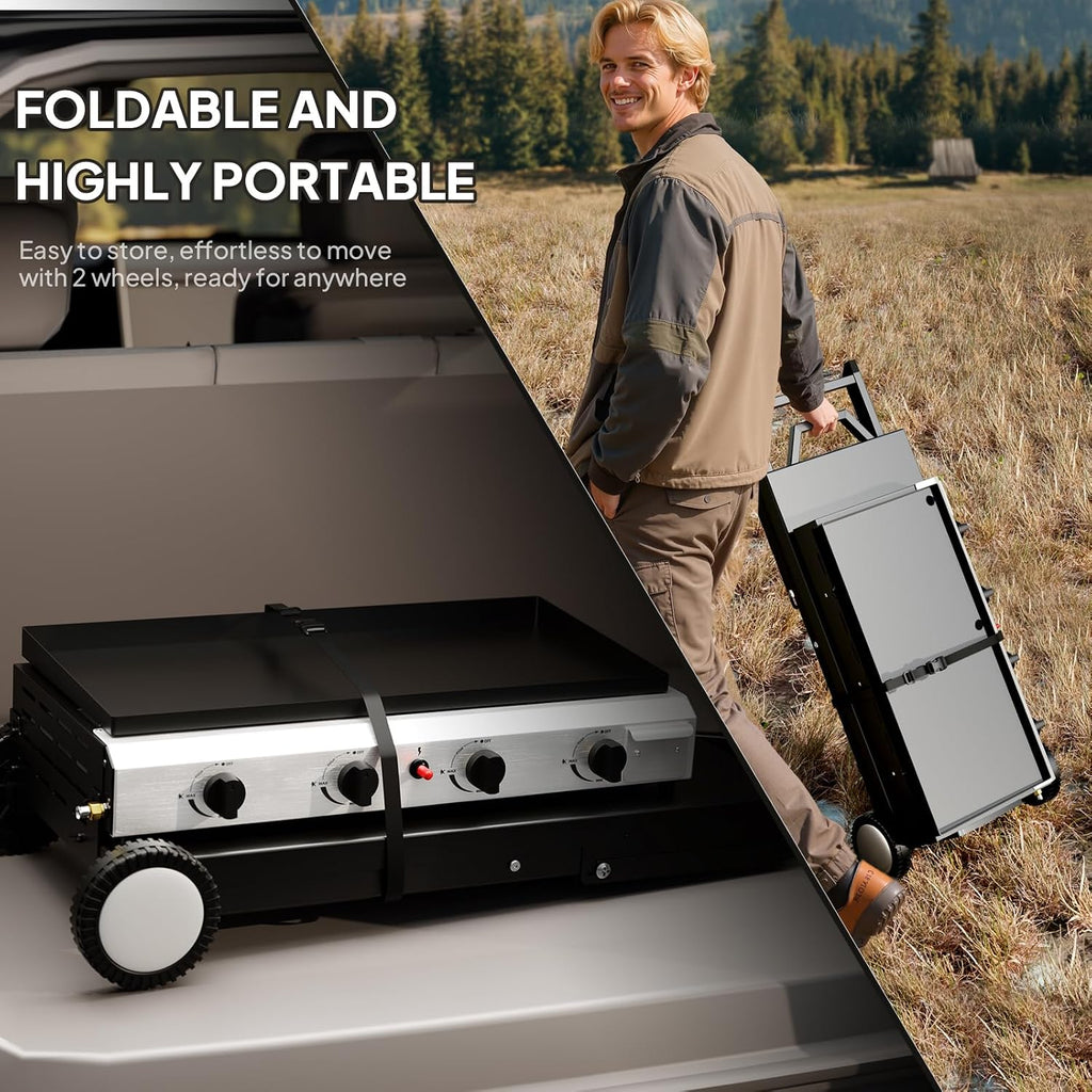 ROVSUN 4 Burner Foldable Propane Griddle with Wheels & Enameled Tray, 40000 BTU Portable Flat Top Gas Grill with Electronic Ignition & Regulator for Outdoor Cooking Camping BBQ Tailgating Picnicking