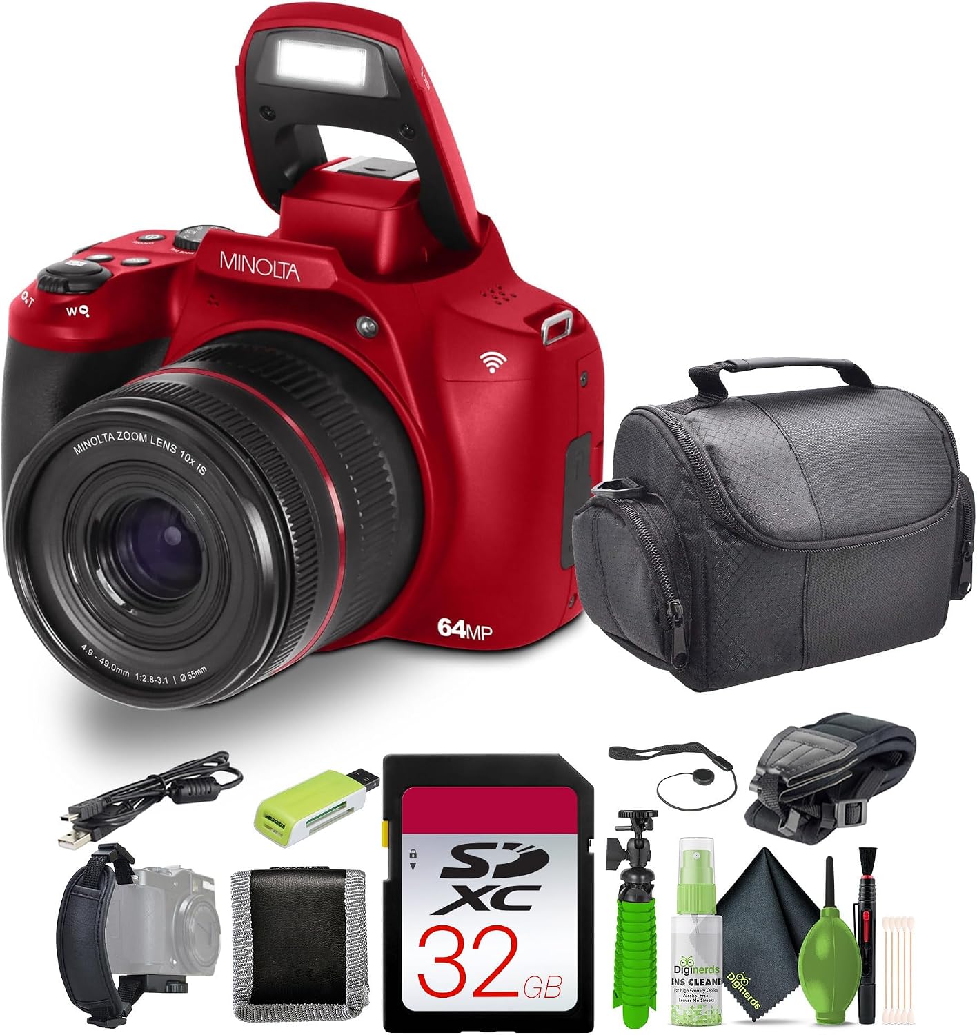 Minolta 64 Mega Pixels Auto Focus Digital Camera with 10x Optical Zoom, 4K Ultra HD Video and Macro Shooting, Bundle with 32 GB Memory Card + Vlogging Tripod + Cleaning kit + More Accessories - Red