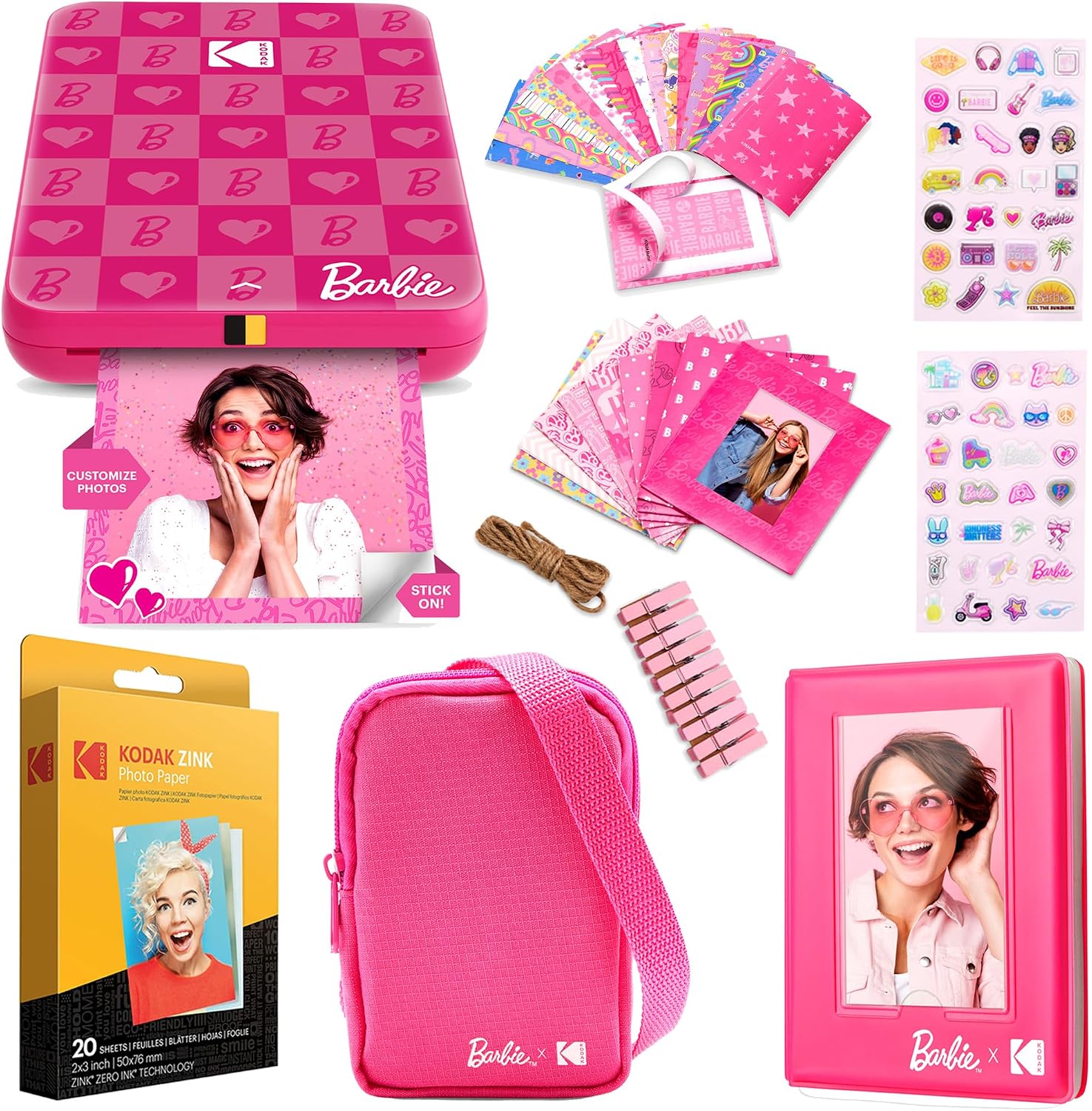 Kodak x Barbie Step Slim Wireless Instant Portable Photo Mobile Printer Gift Bundle (Iconic Style)+ Barbie Camera Case, Photo Album, Sticker & Hanging Frames, 50 Stickers + Zink Paper (20 Sheets)