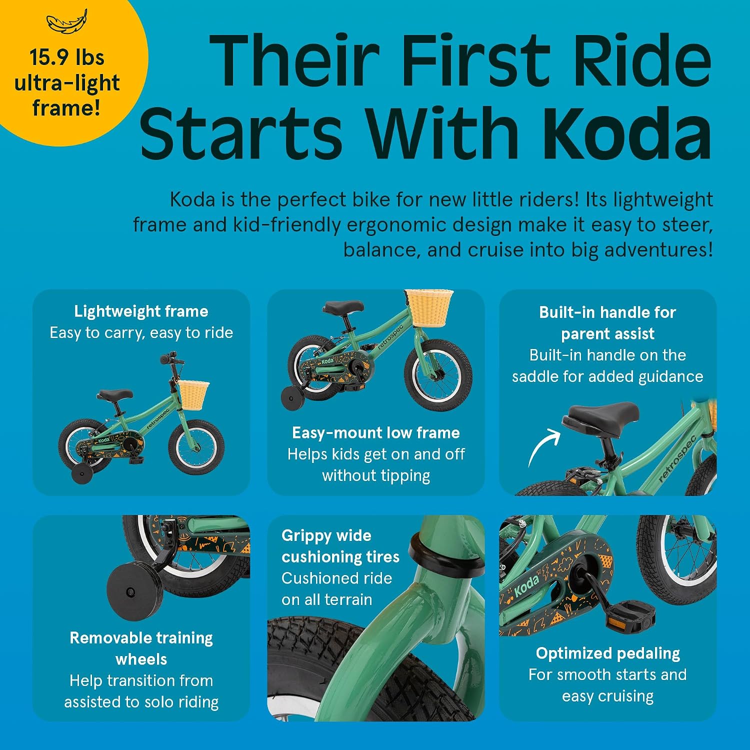 Retrospec Koda Plus Kids Bike for Boys & Girls Ages 2-3 Years - Children's Bicycle, Adjustable Seat & Handlebars, Removable Training Wheels, Front Hand Brakes, Rear Coaster Brake & Safety Bell