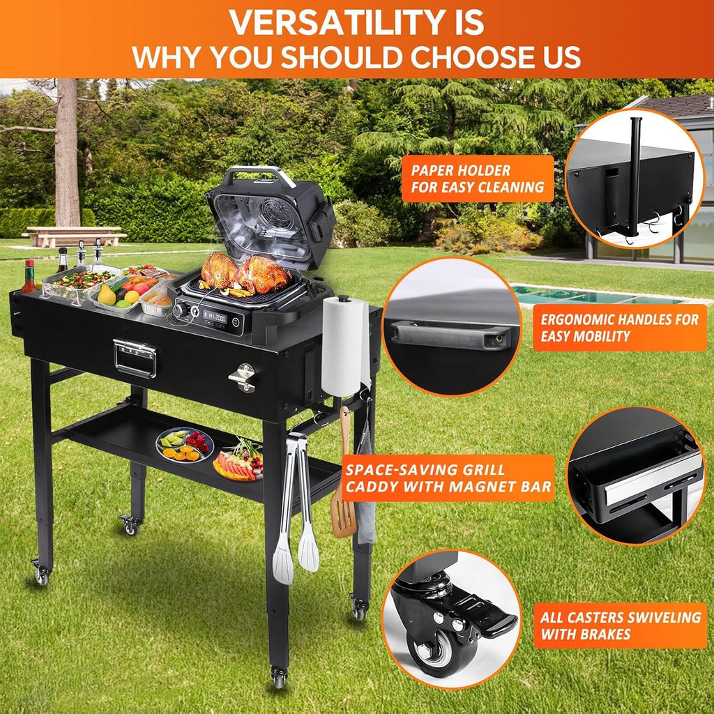 Grill Table for Ninja, Universal Foldable Grill Cart for Blackstone, Weber, Ooni Pizza Oven, Portable Outdoor Grill Stand, Adjustable Height 28''-36'', with Caddy, Paper Towel Holder, 4 Wheels