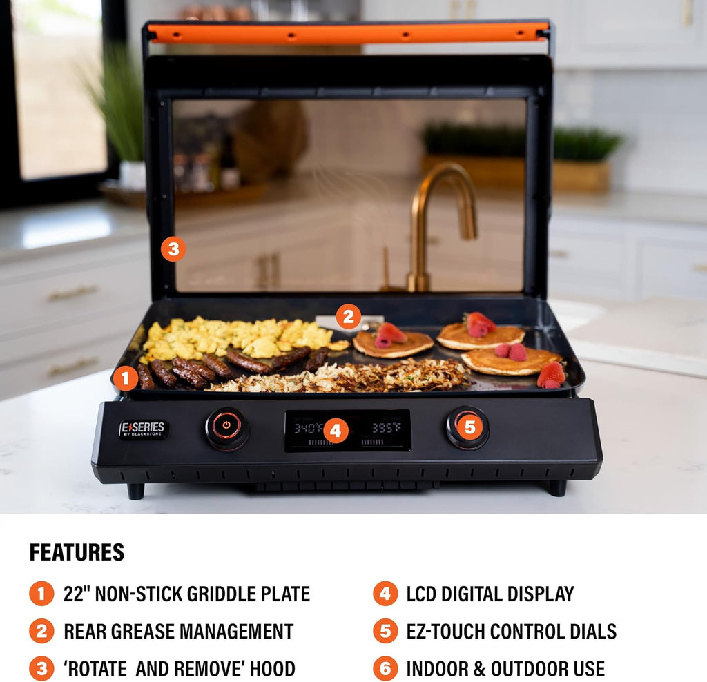Blackstone 22-Inch Electric Griddle - 1600W Non Stick Ceramic Titanium Coated Stainless Steel Tabletop Griddle with EZ-Touch Control Dial, LCD Display, Patented Rotate & Remove Glass Hood - 8001