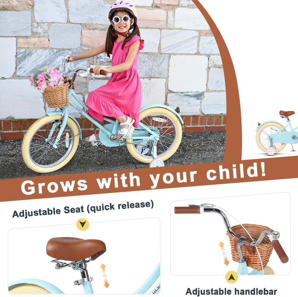 Glerc Little Molly 12-20 Inch Kids Retro Cruiser Bike for 2-13 Year Old with Wicker Basket & Training Wheels/Kickstand, Multiple Colors