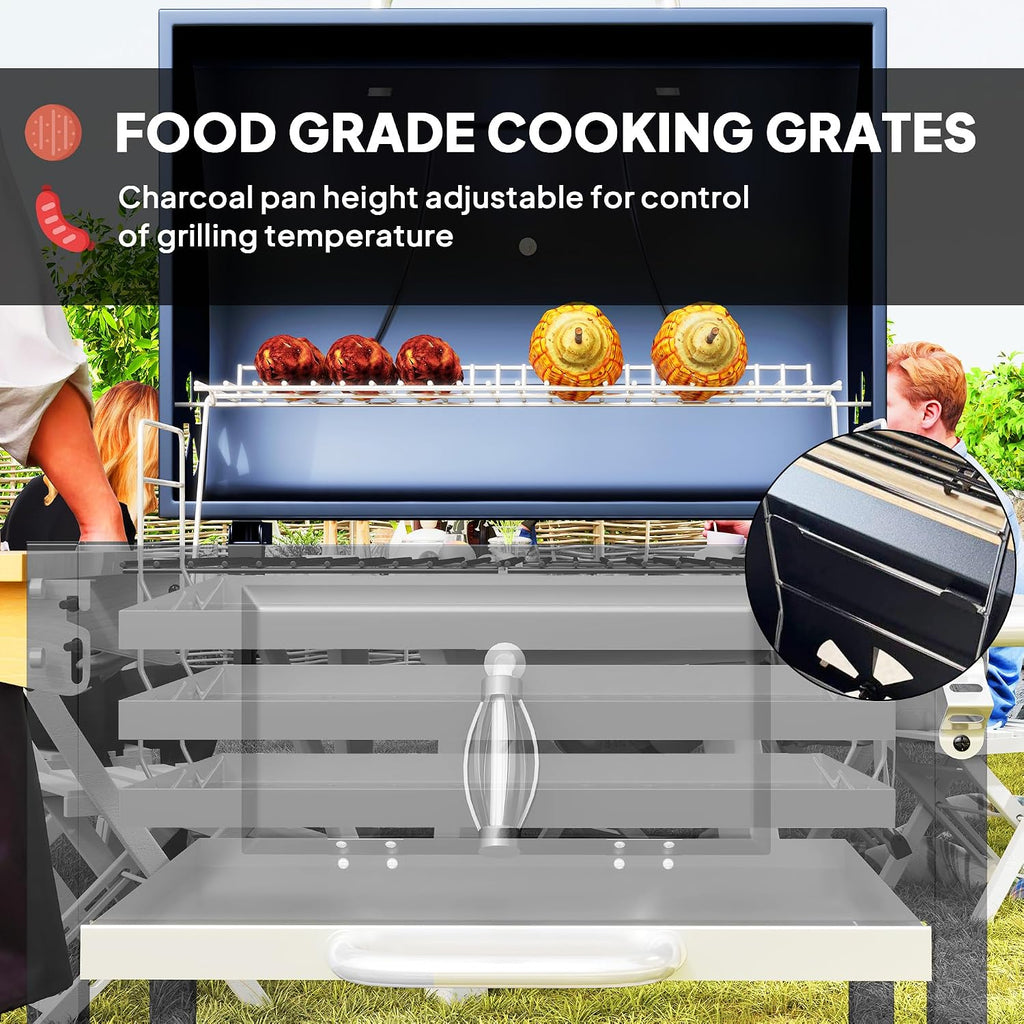 Outsunny Charcoal BBQ Grill, Outdoor Portable Cooker for Camping or Backyard Picnic, Barbecue Grill with Side Table, Bottom Storage Shelf, Wheels and Handle, Black