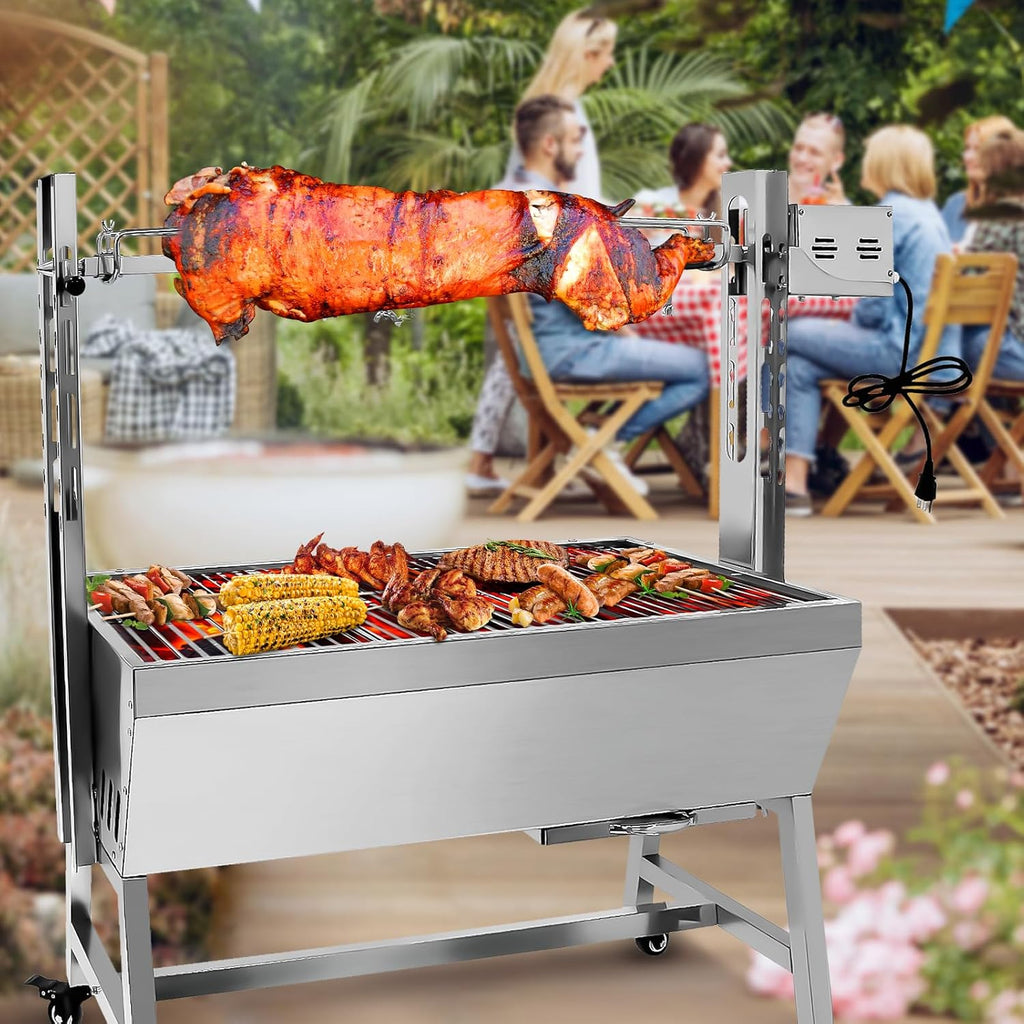Rotisserie Grill With Windscreen, BBQ Whole Pig Lamb Goat Charcoal Spit Grill, 37 Inch 132Lbs Capacity, Electric 25W Motor Stainless Steel Roaster With Lockable Wheels, For Camping Outdoor