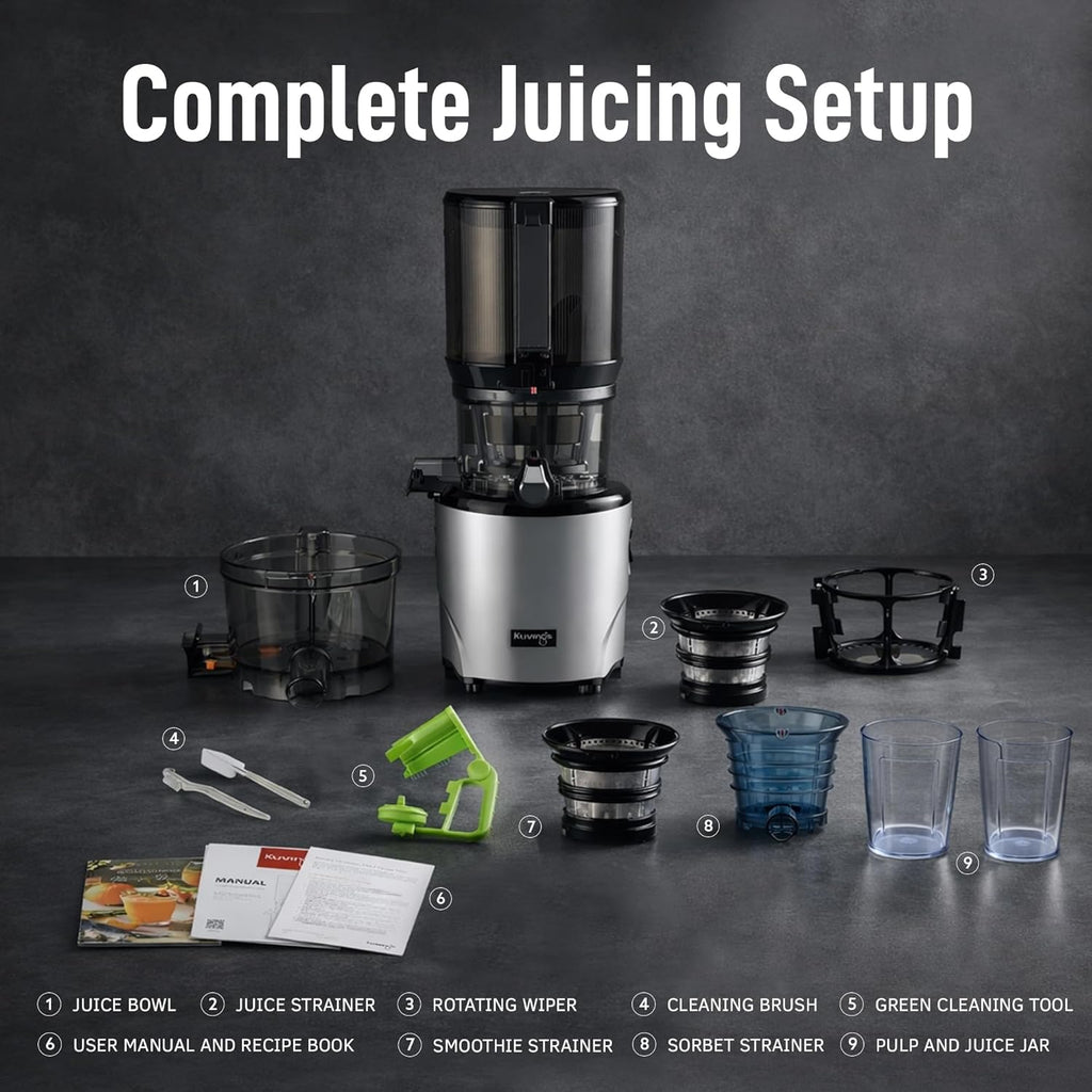 Kuvings AUTO10 Cold Press Juicer Machine – Self-Feeding for Hands-Free Use – Easy to Clean, Quiet 240W Motor, 100 oz Large Masticating Juicer – Designed for Silky Juice with Low Pulp – White