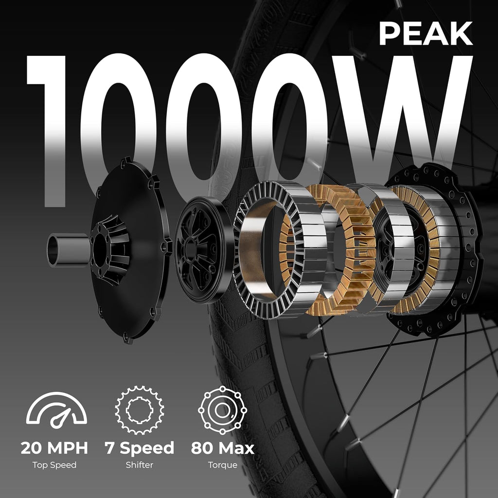 ANCHEER 26' Electric Bike for Adults, 1000W Peak Motor, 20MPH Speed, 60 Miles, 48V 15Ah Removable Battery, Fat Tire Electric Bike Off-Road EBike for Men & Women, UL2849 Compliant, 7 Speed, RoverL/H