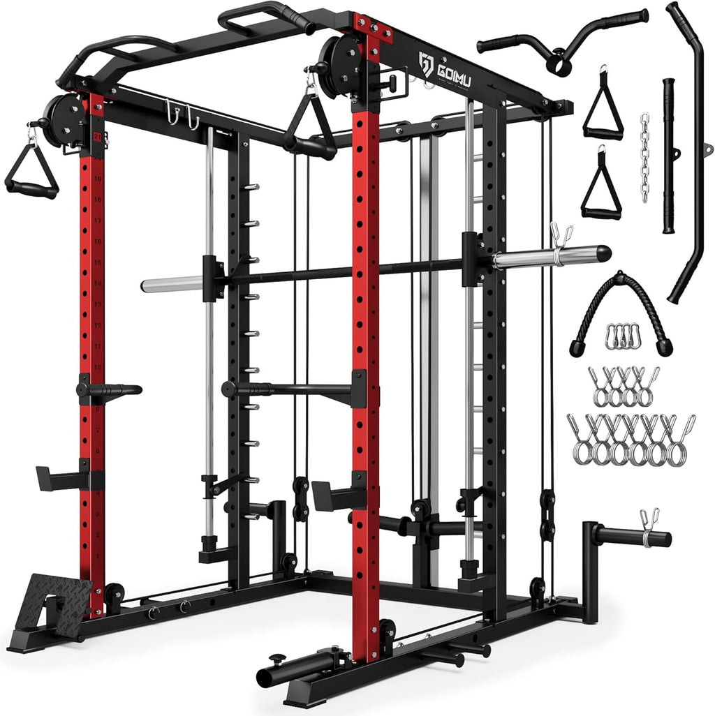 S1-V4 Smith Machine, 2000LBS Power Cage with Cable Crossover System, All-in-One Squat Rack with Smith Bar, Strength Training Equipment for Hone Gym